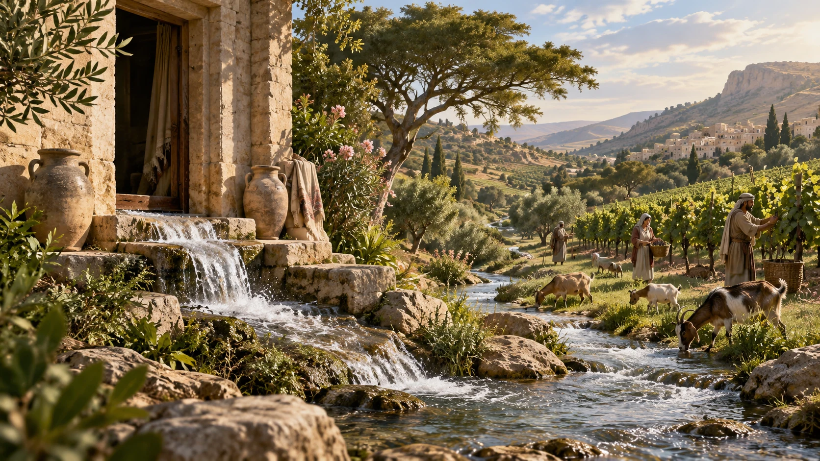 A spring flows from a stone threshold toward green hills, vineyards, acacias, and grazing goats.