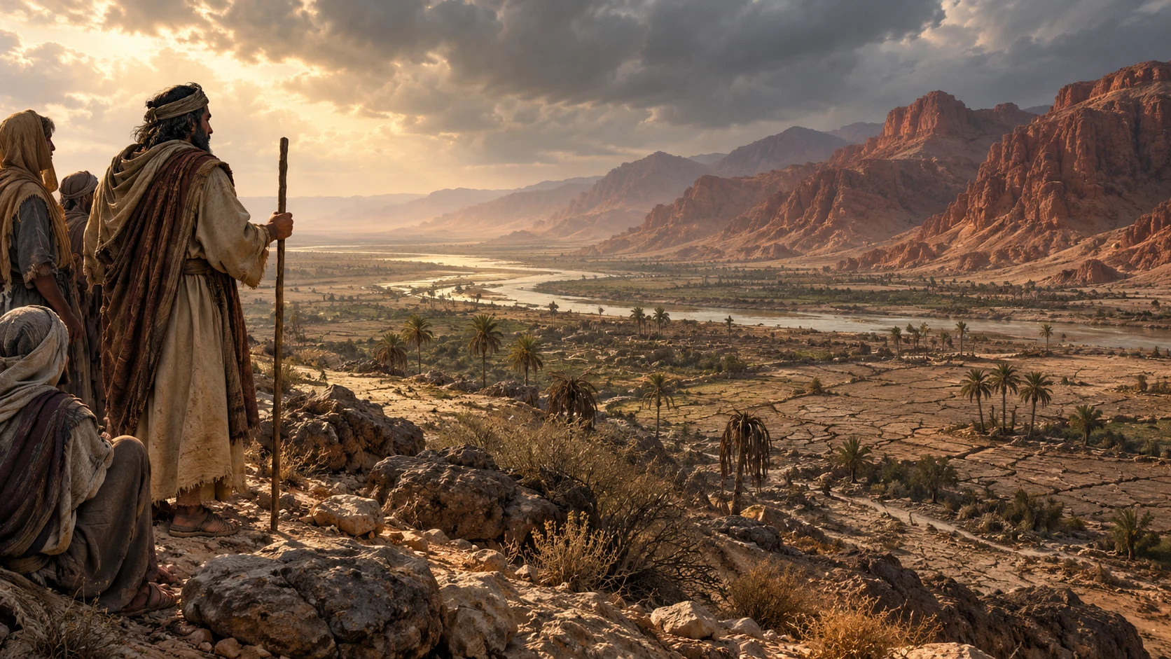 Travelers overlook dry fields, a distant watercourse, and barren reddish hills.