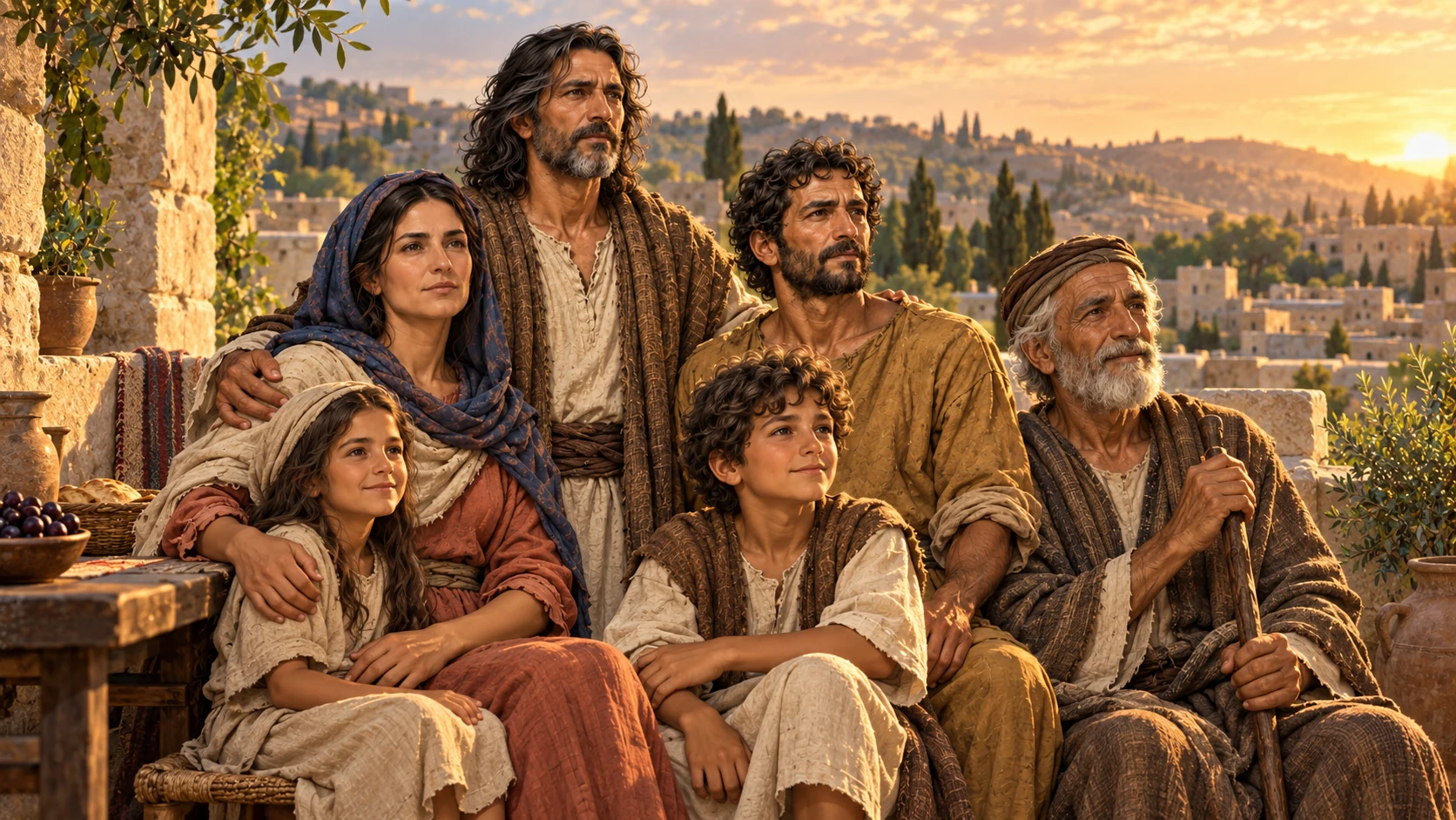 Joel, the farming parents, an elder, and children gather on a peaceful Jerusalem terrace at sunset.
