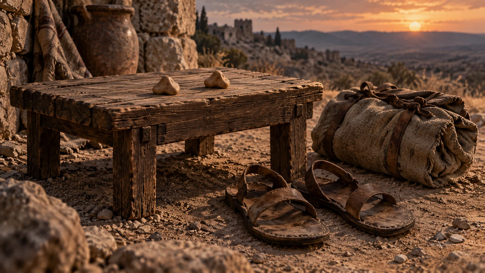 Unmarked lots, empty worn sandals, and an abandoned bundle lie on a low table.
