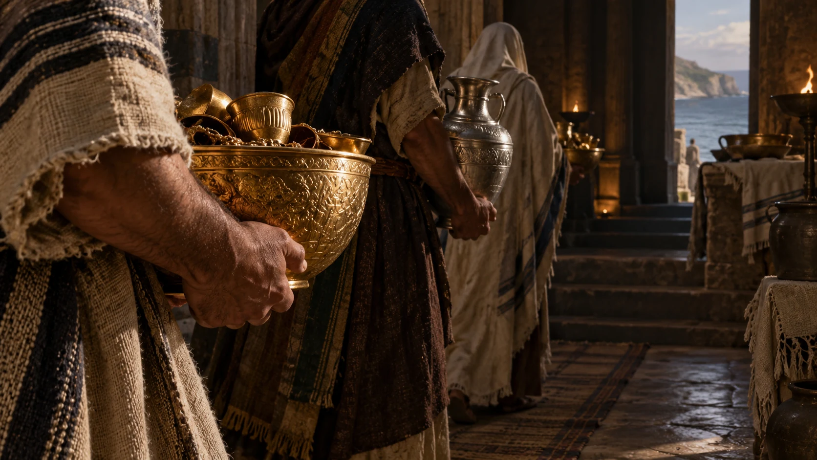 Adult hands carry silver and gold vessels into a dim coastal sanctuary.