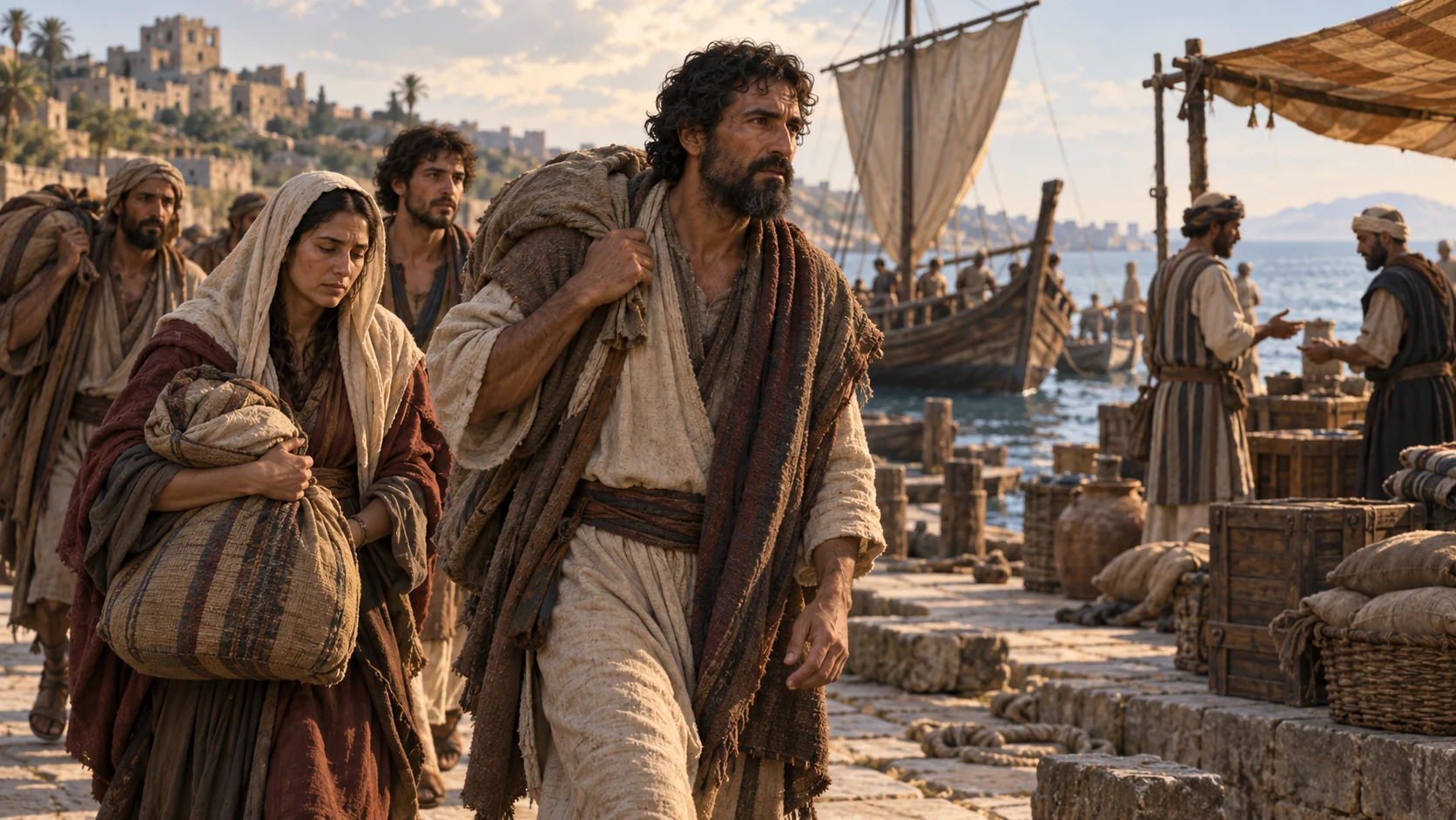Displaced adults carry travel bundles beside a harbor and a wooden trading boat.