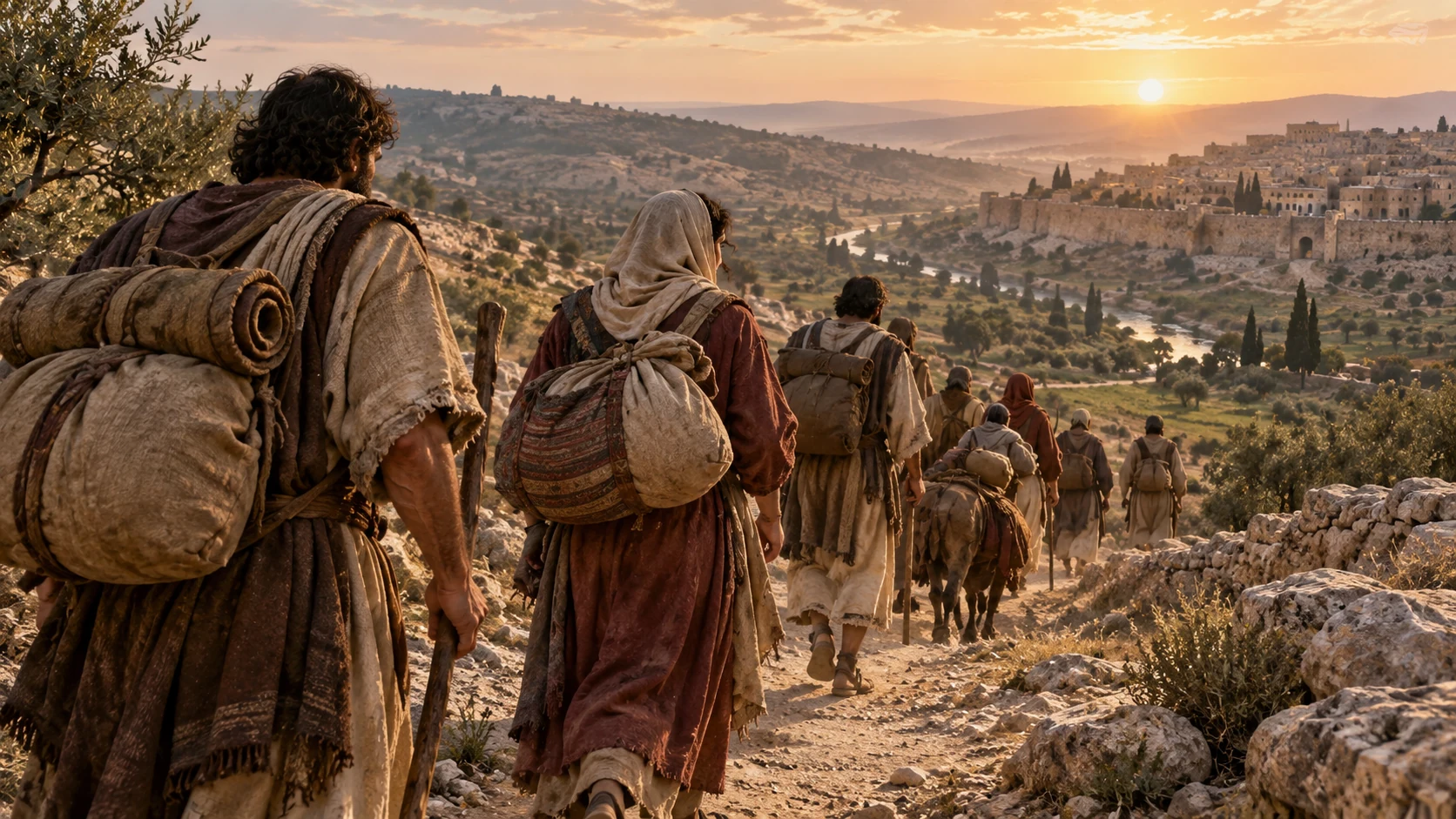 Travelers cross a ridge toward home with their bundles at dawn.