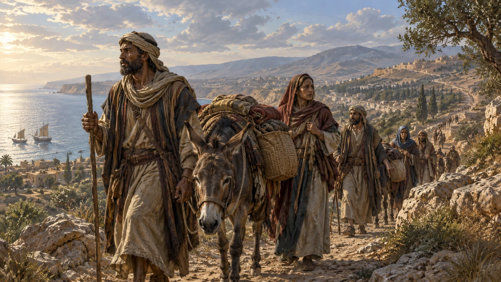 Adult travelers and a packed donkey move along a southbound caravan route.