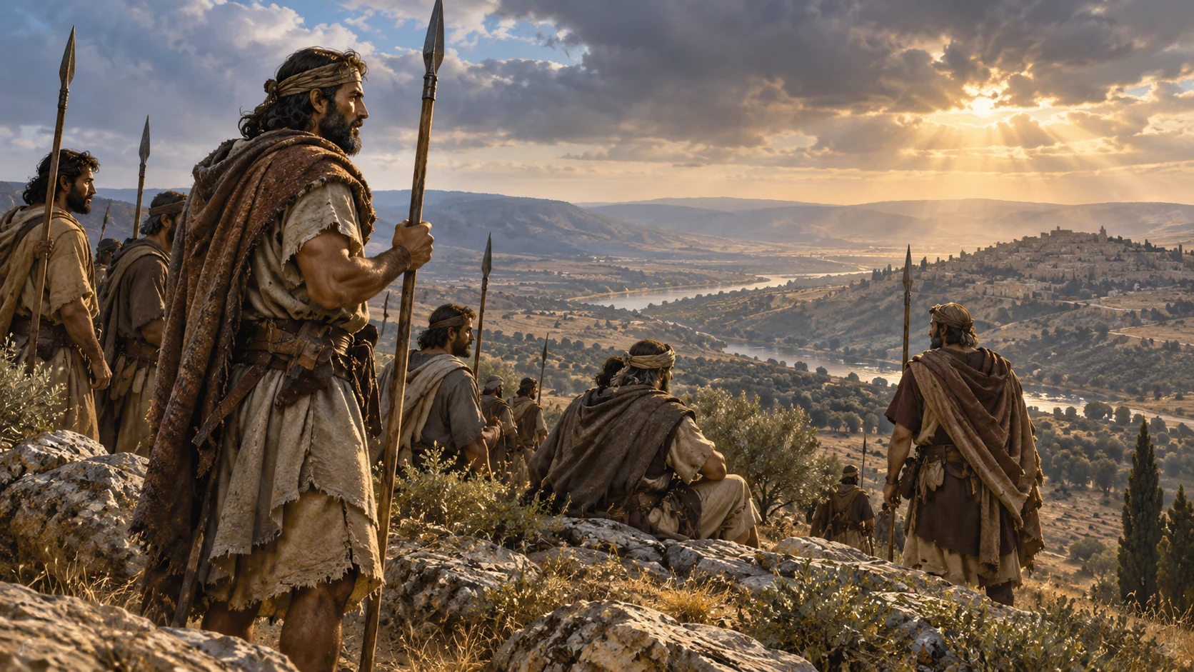 Ancient warriors gather on a ridge with spears at rest.
