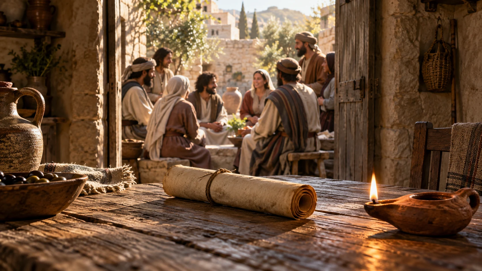 A parchment letter and clay lamp before a first-century courtyard gathering at sunrise.