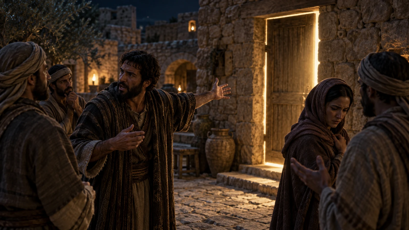 A man speaks forcefully while a nearby woman withdraws in hurt.