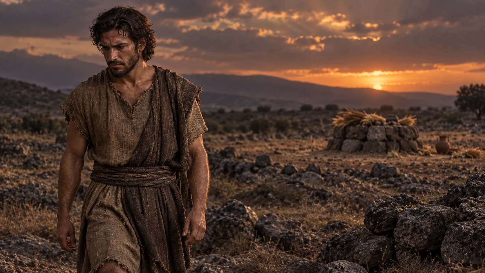 Cain walks away from an offering place at sunset.