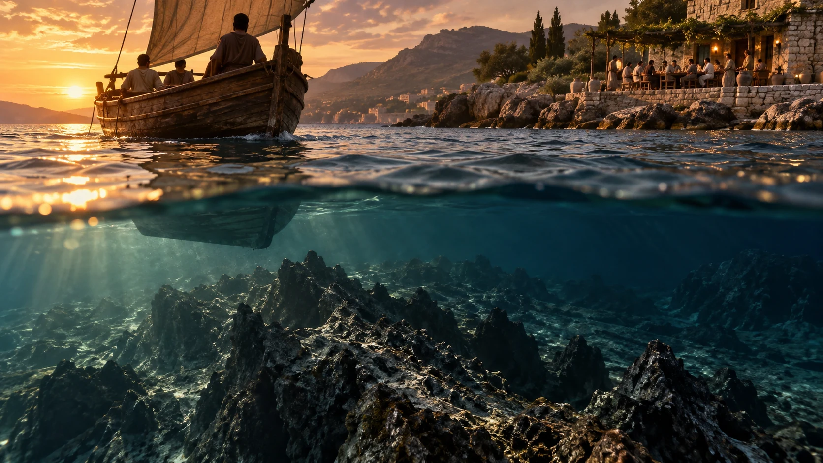 A hidden reef lies beneath calm water near a vulnerable boat.
