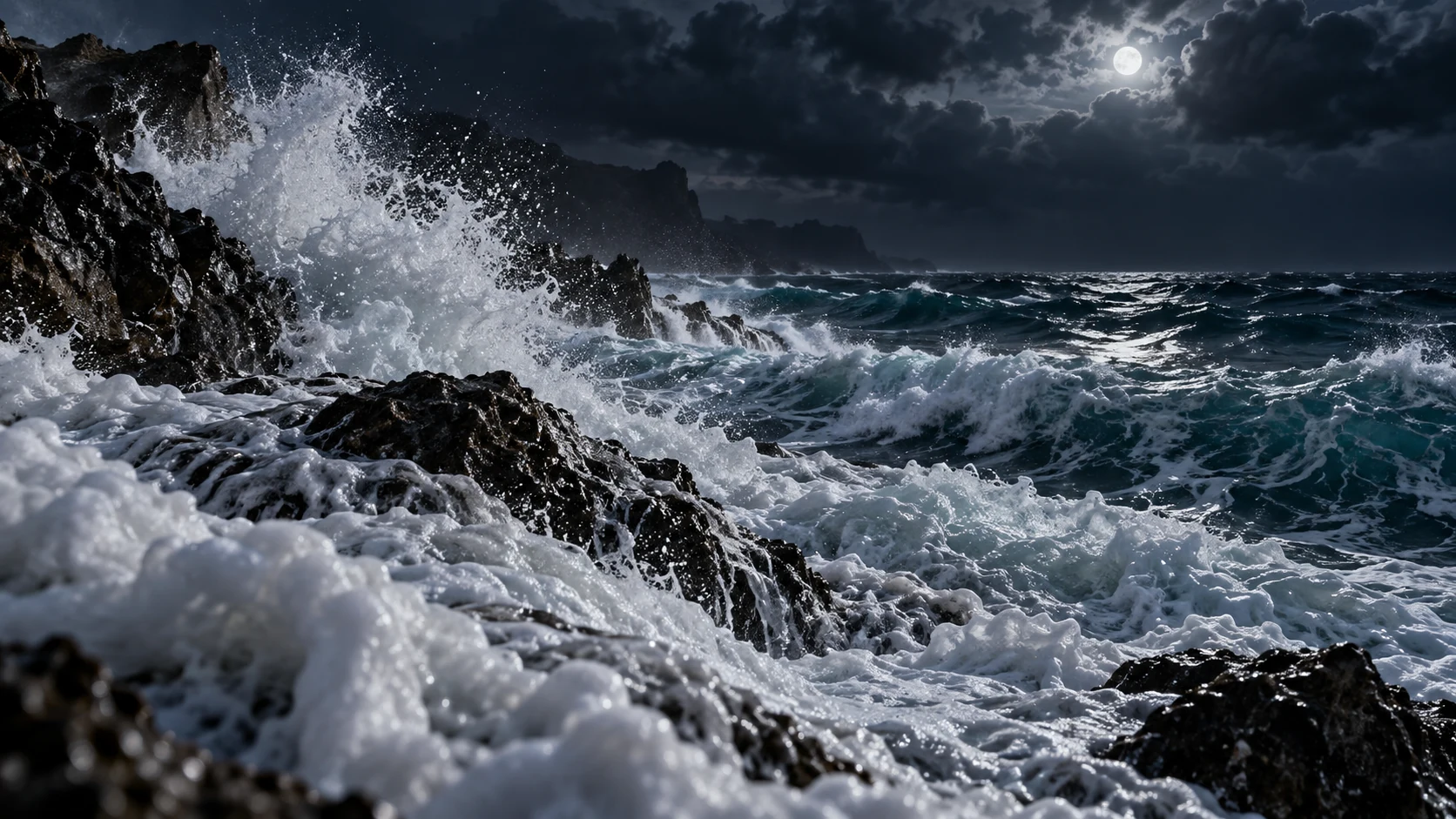 Moonlit waves break against rocks beneath a stormy sky.