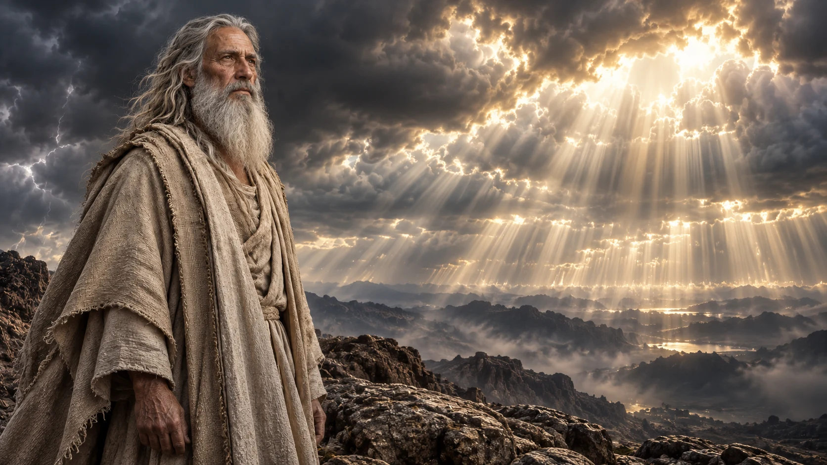 An interpretive portrait of Enoch stands before a dramatic sky.