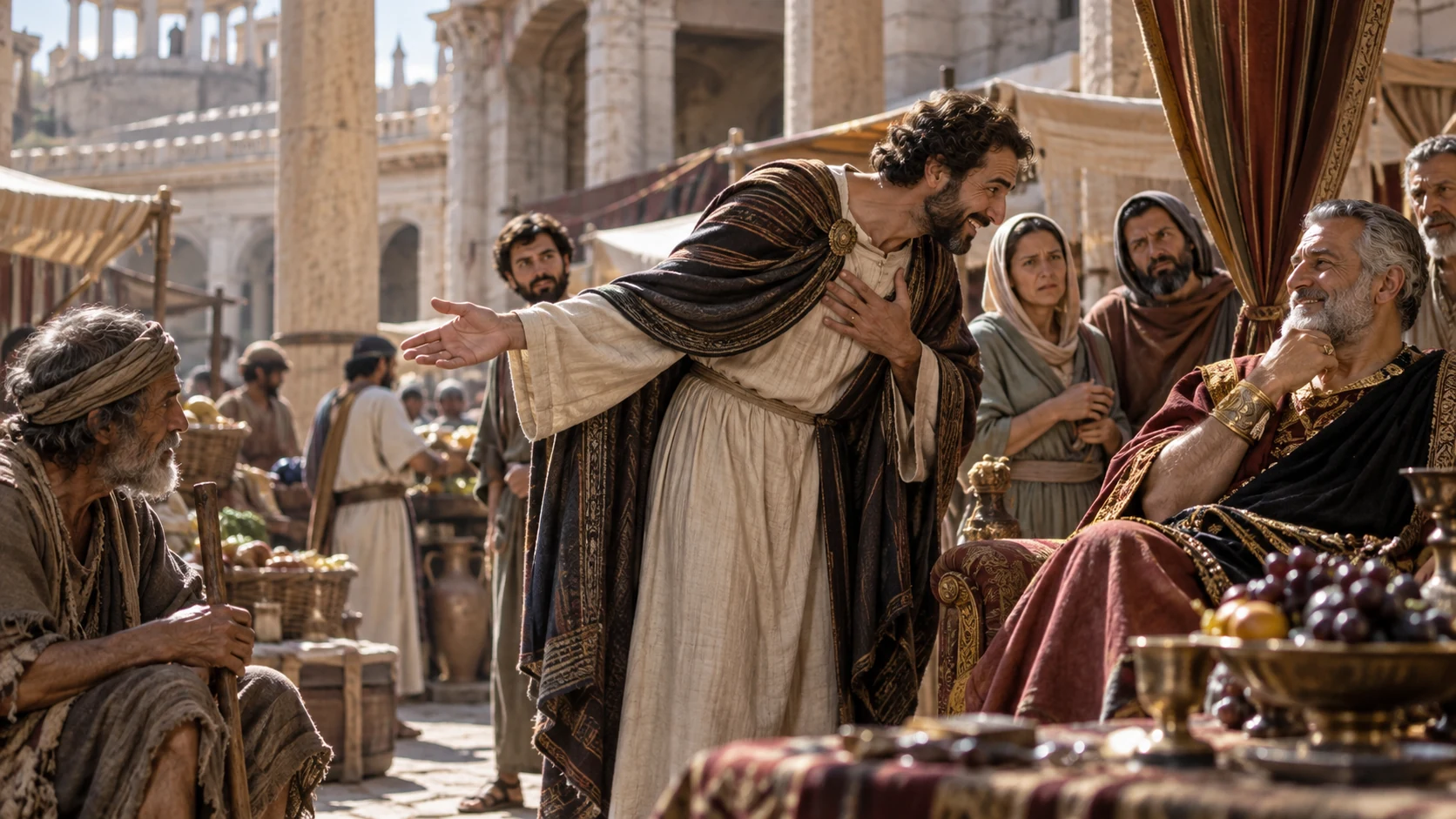 A flattering speaker favors a rich patron while a poor elder sits aside.