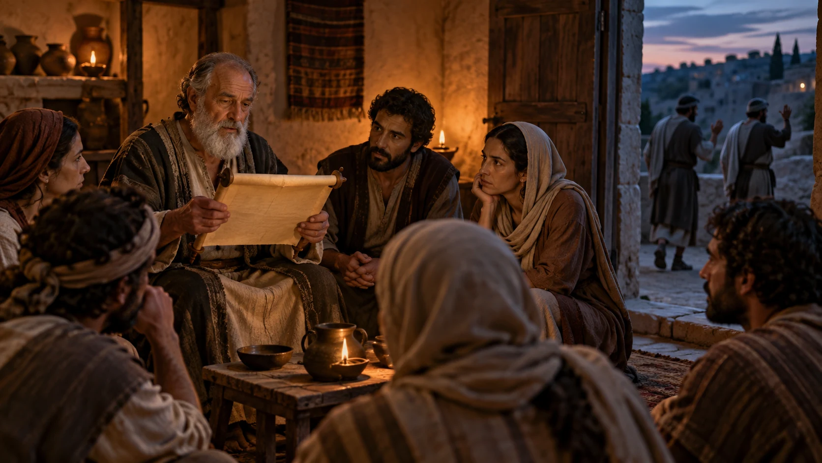 An elder reads a scroll to listeners gathered by lamplight.
