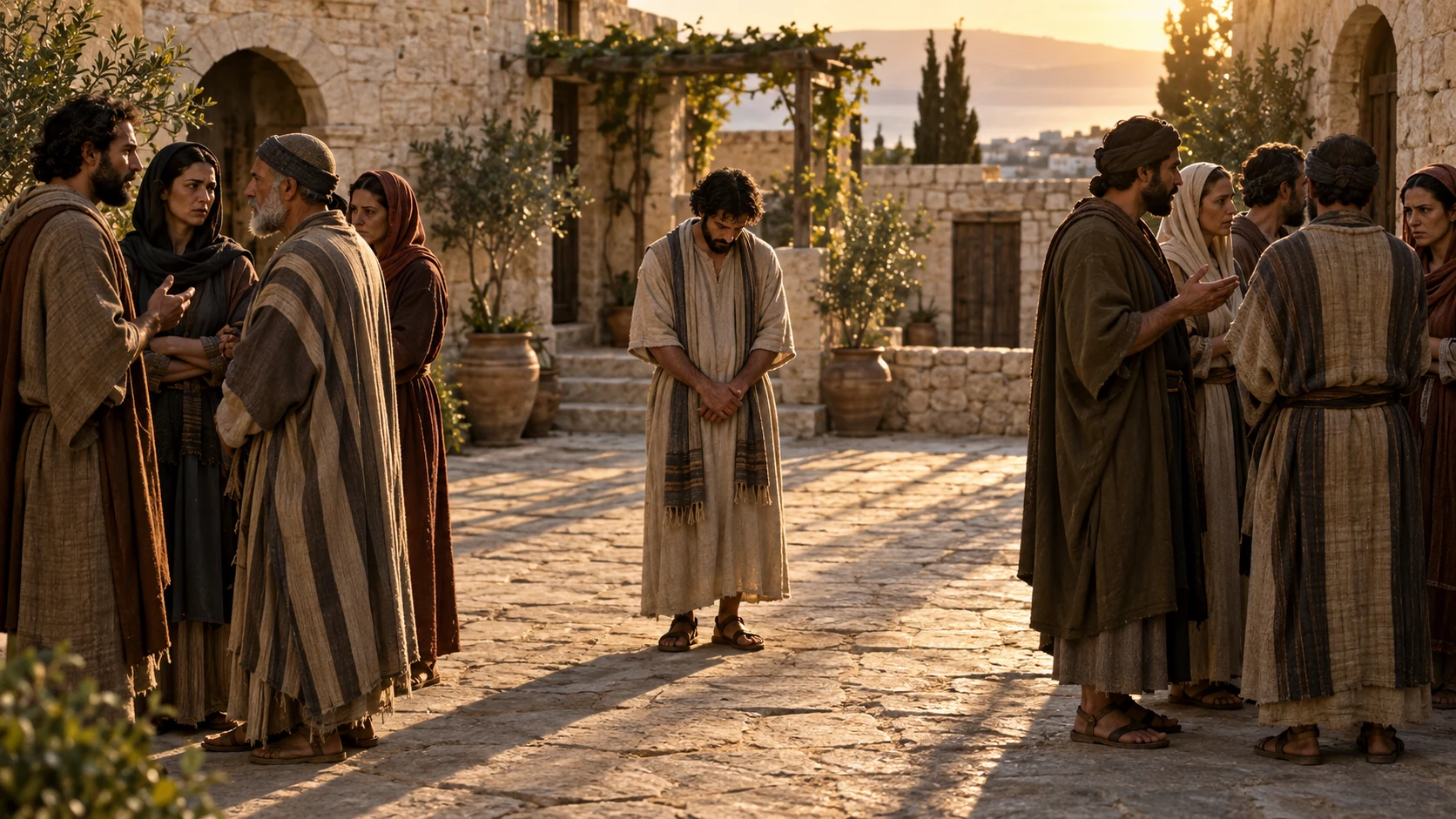 A community separates into groups around an isolated person in a courtyard.