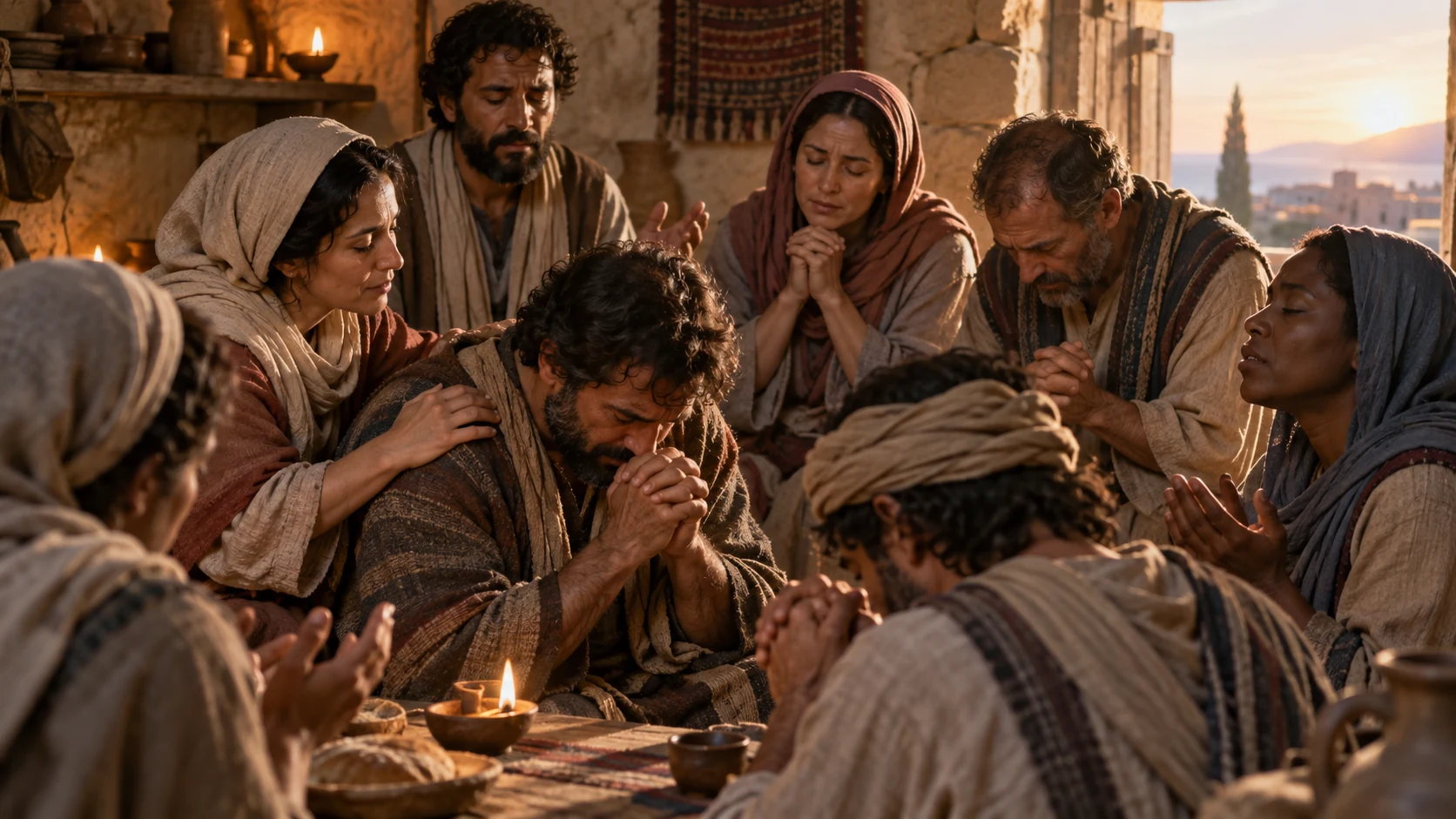 A diverse small group prays together in a first-century home.