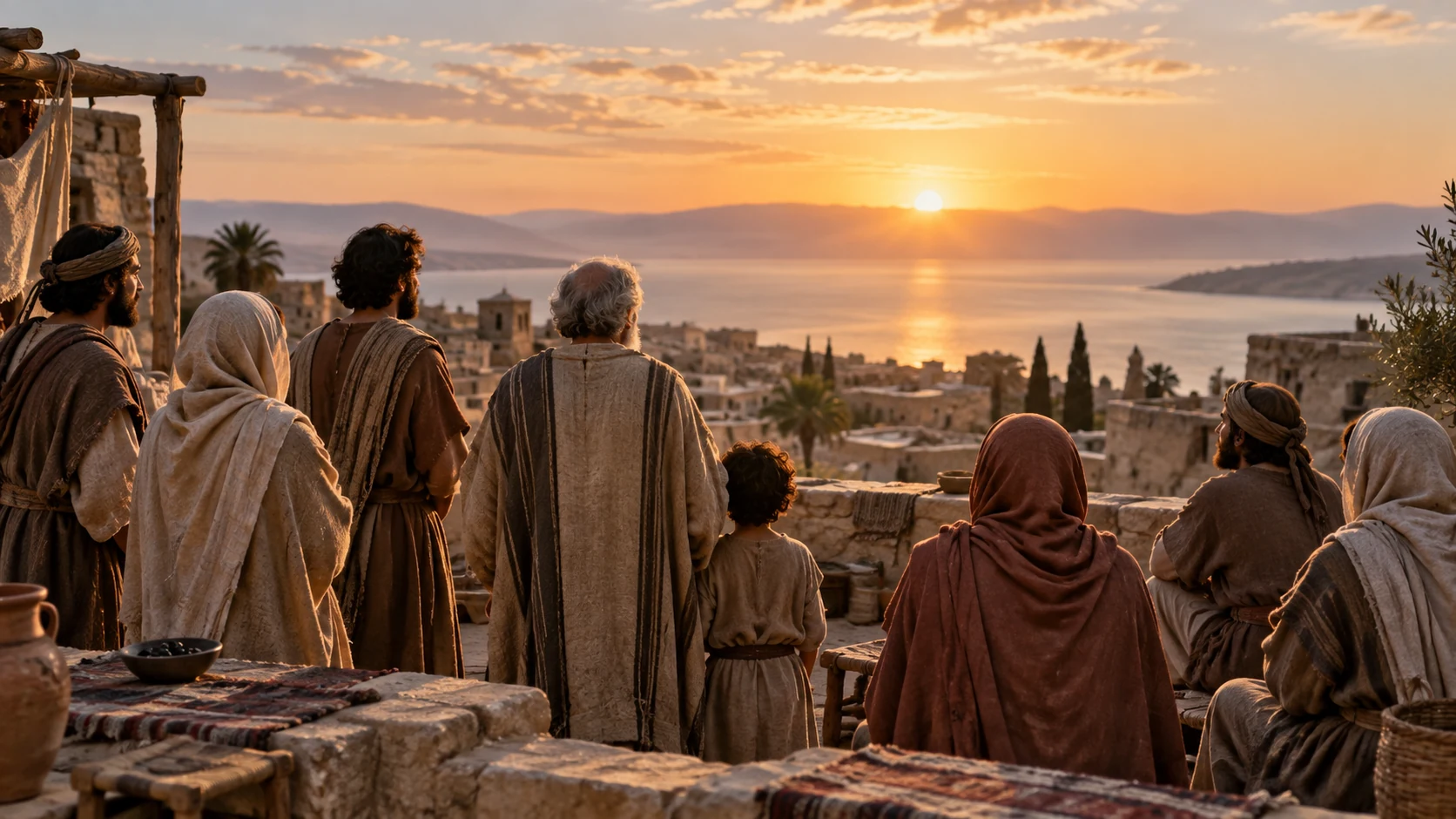 Believers watch the sunset over a coastal town as they wait together.