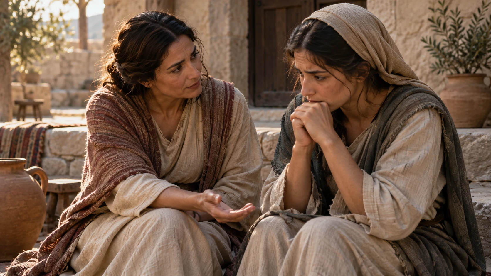 One woman listens kindly to another who looks troubled.