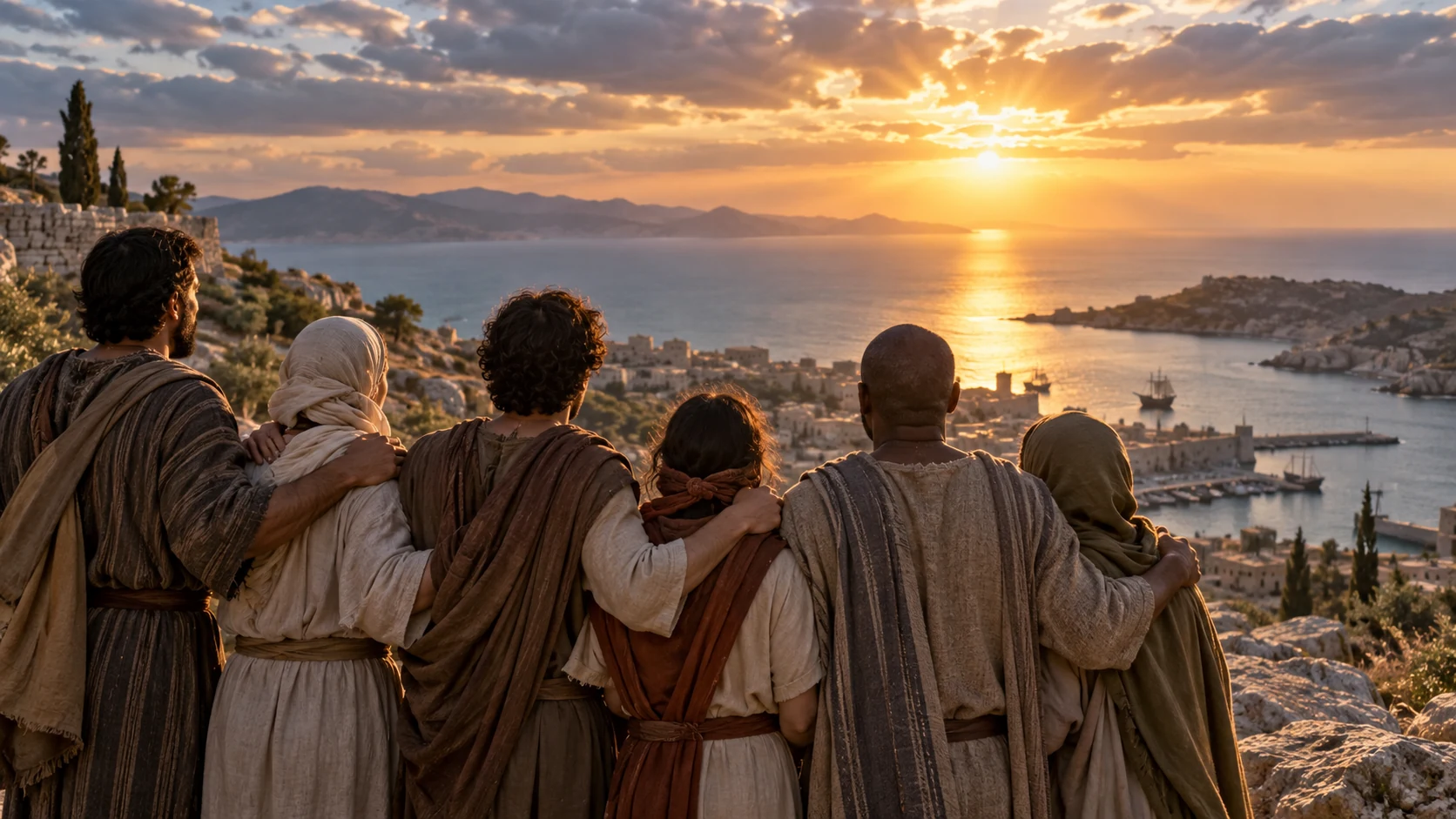 Believers look toward dawn over a coastal landscape.