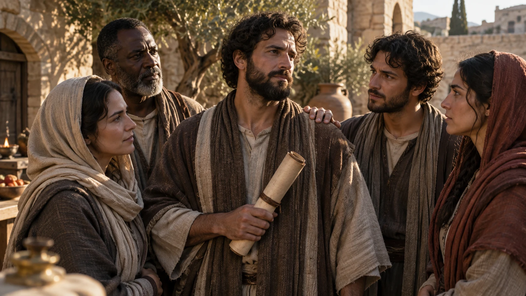 A small group of believers stands together with a rolled letter in a stone courtyard.