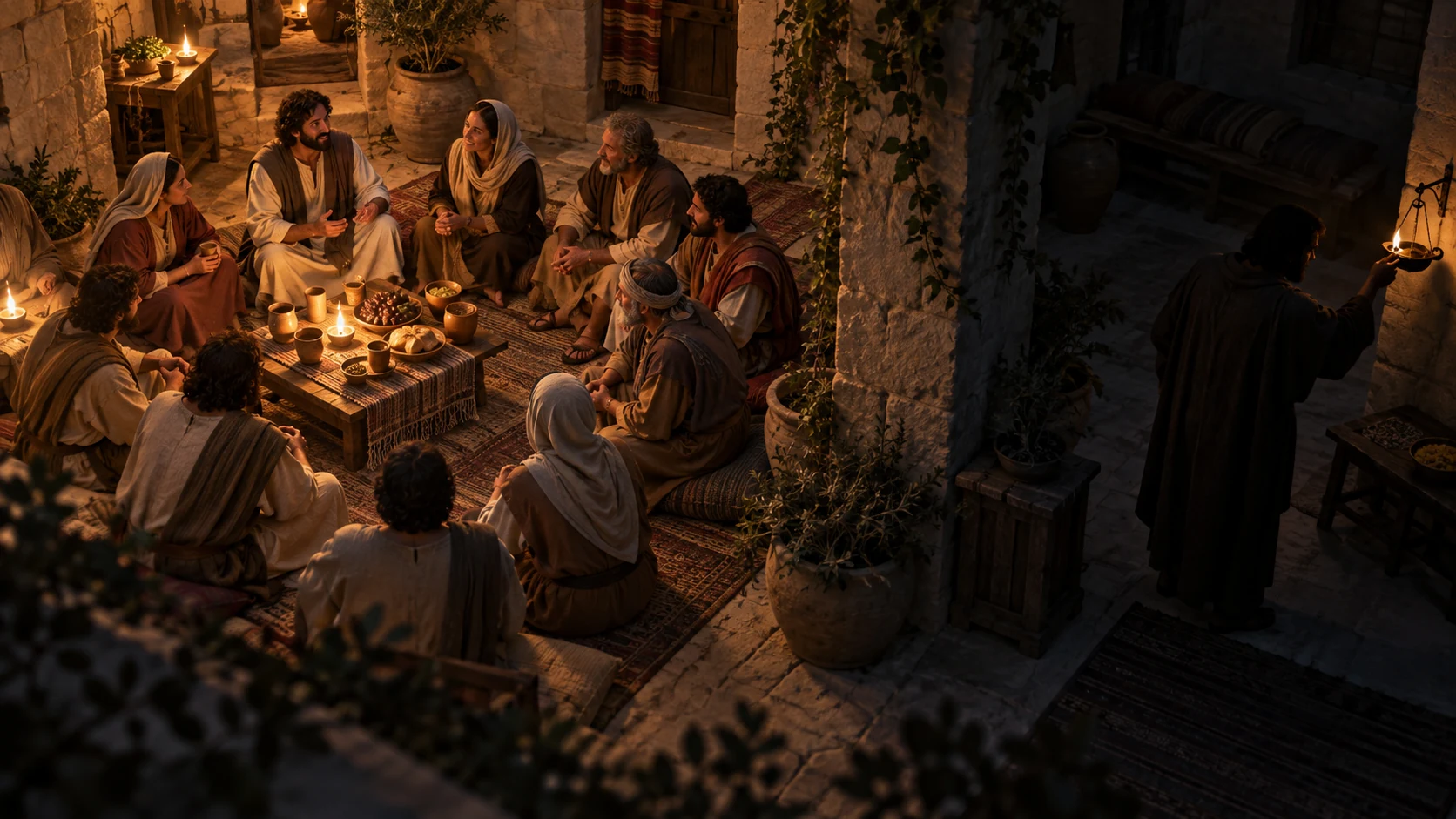 A communal meal continues while one figure lingers apart in shadow.