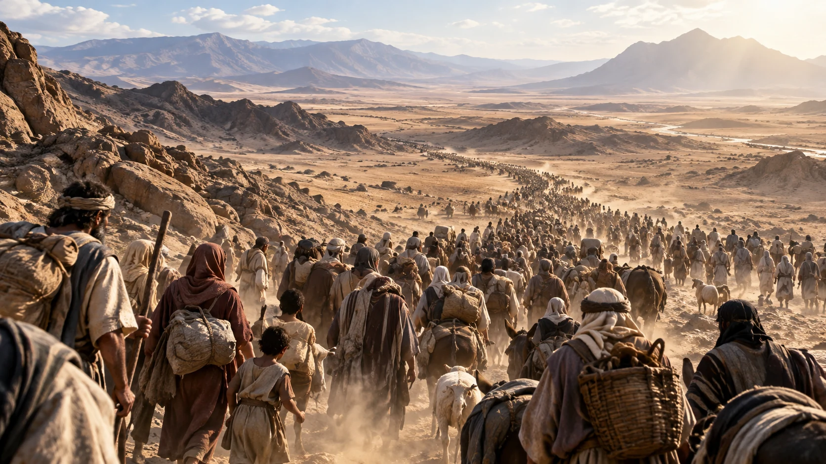 A large group travels out from Egypt across a dry mountain valley.