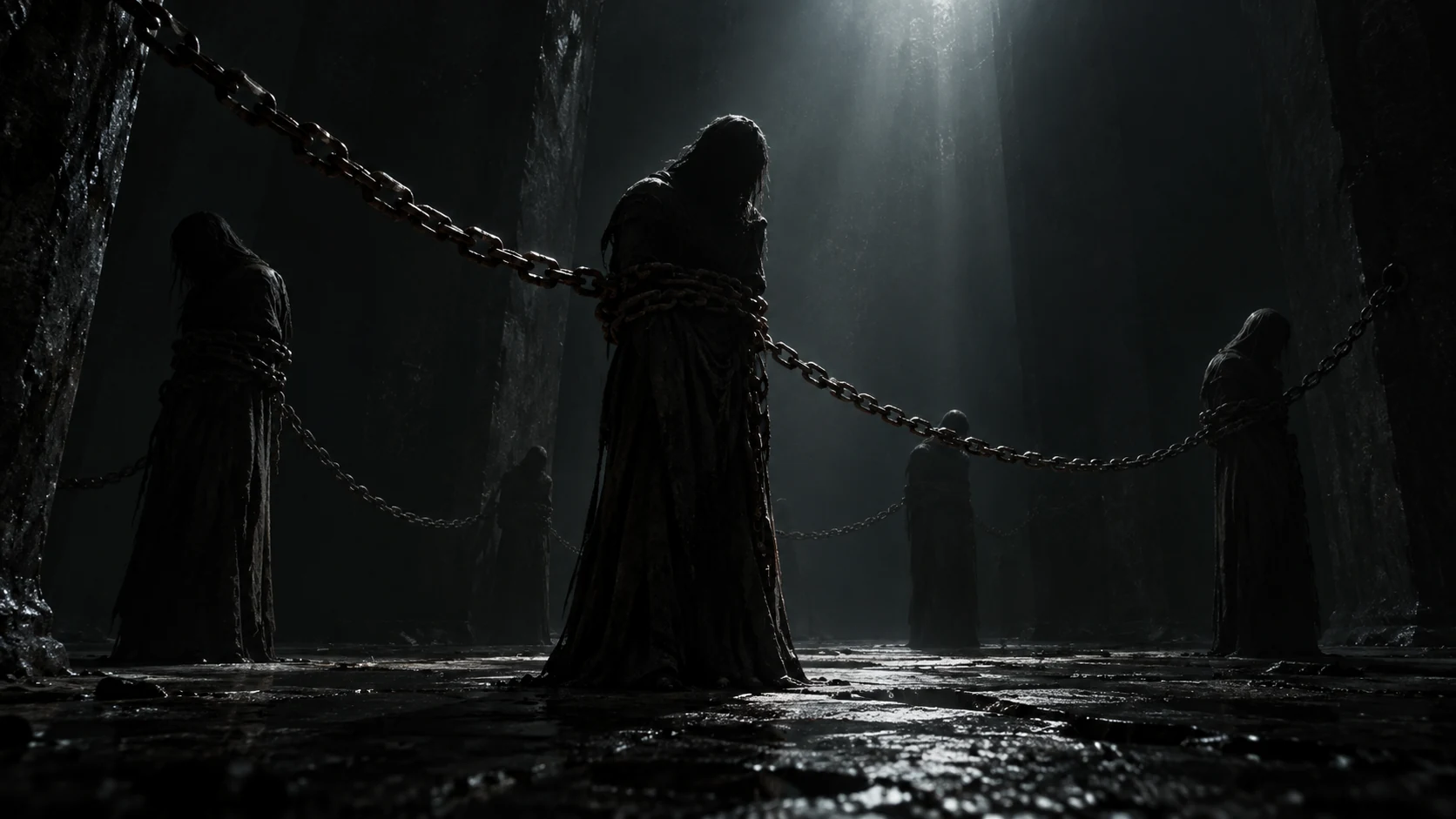 Shadowed bound figures stand in a dark stone chamber.