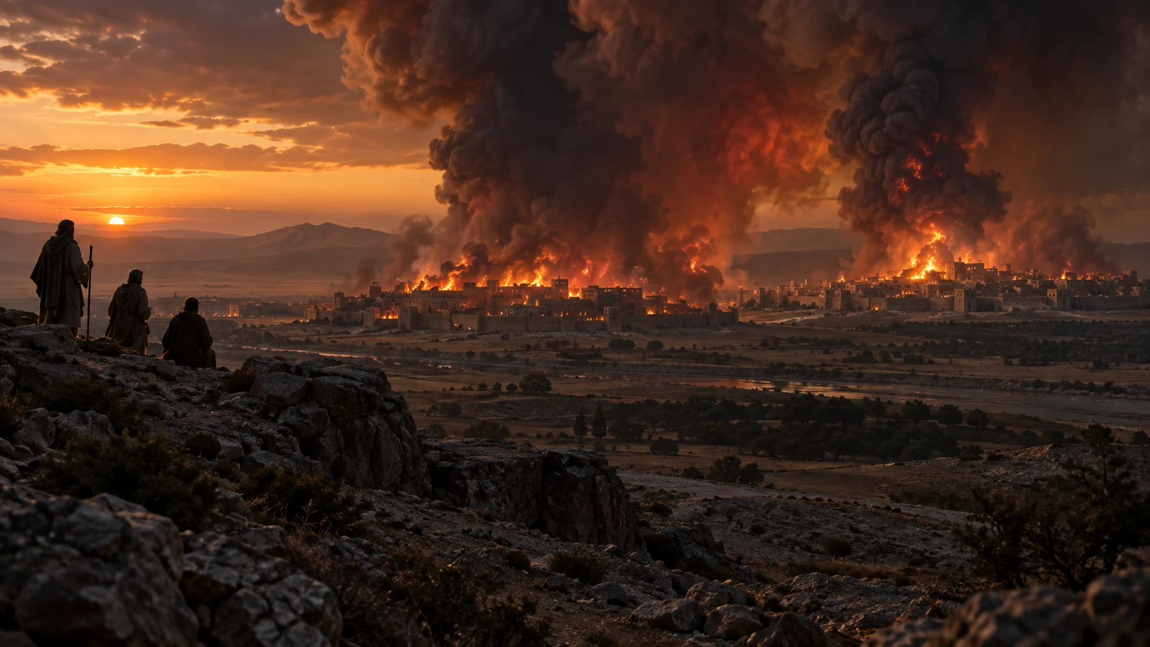 Three figures watch distant ancient cities burn across a valley.