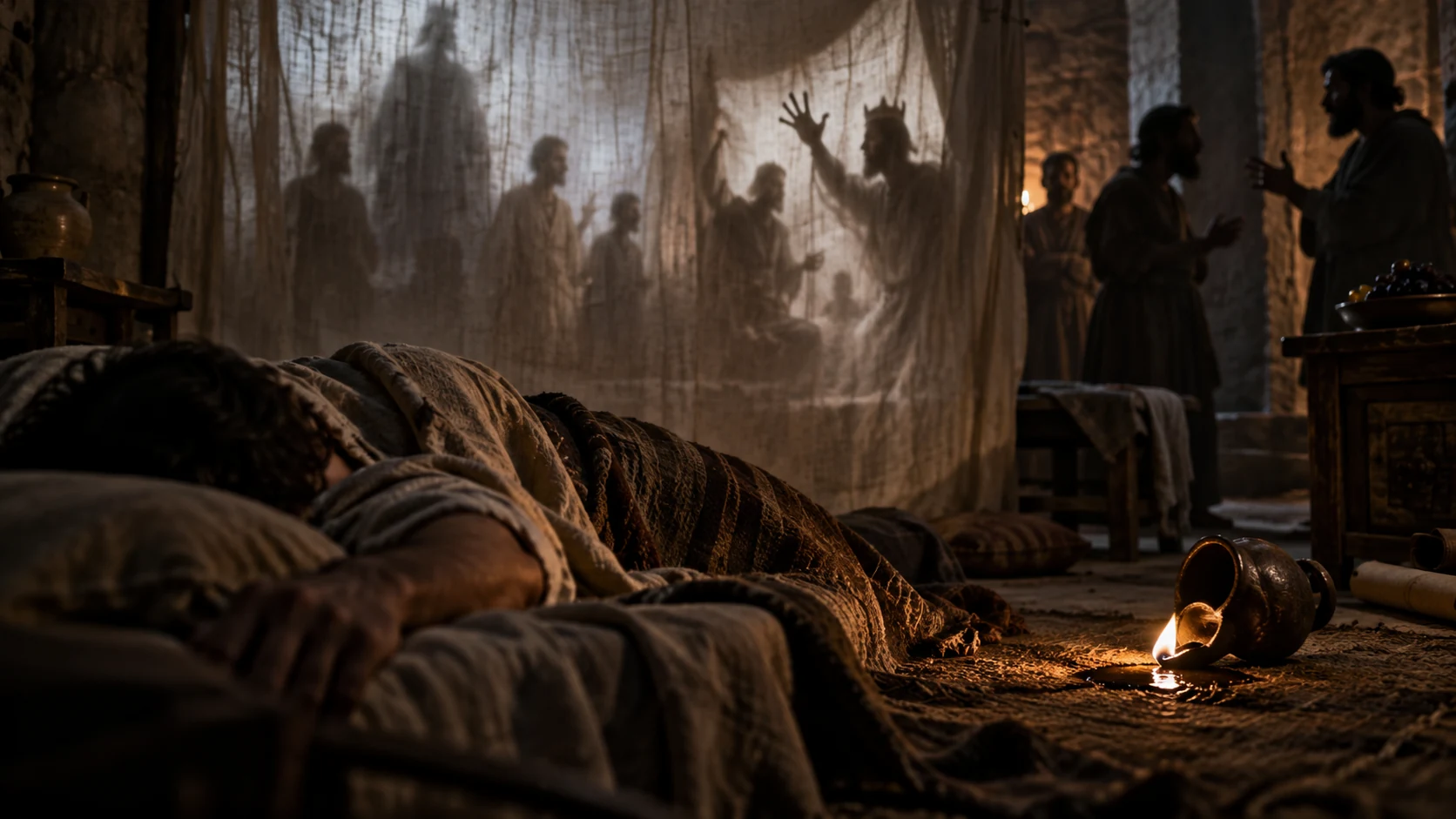 A sleeper lies before a translucent dreamlike image of a gathering.