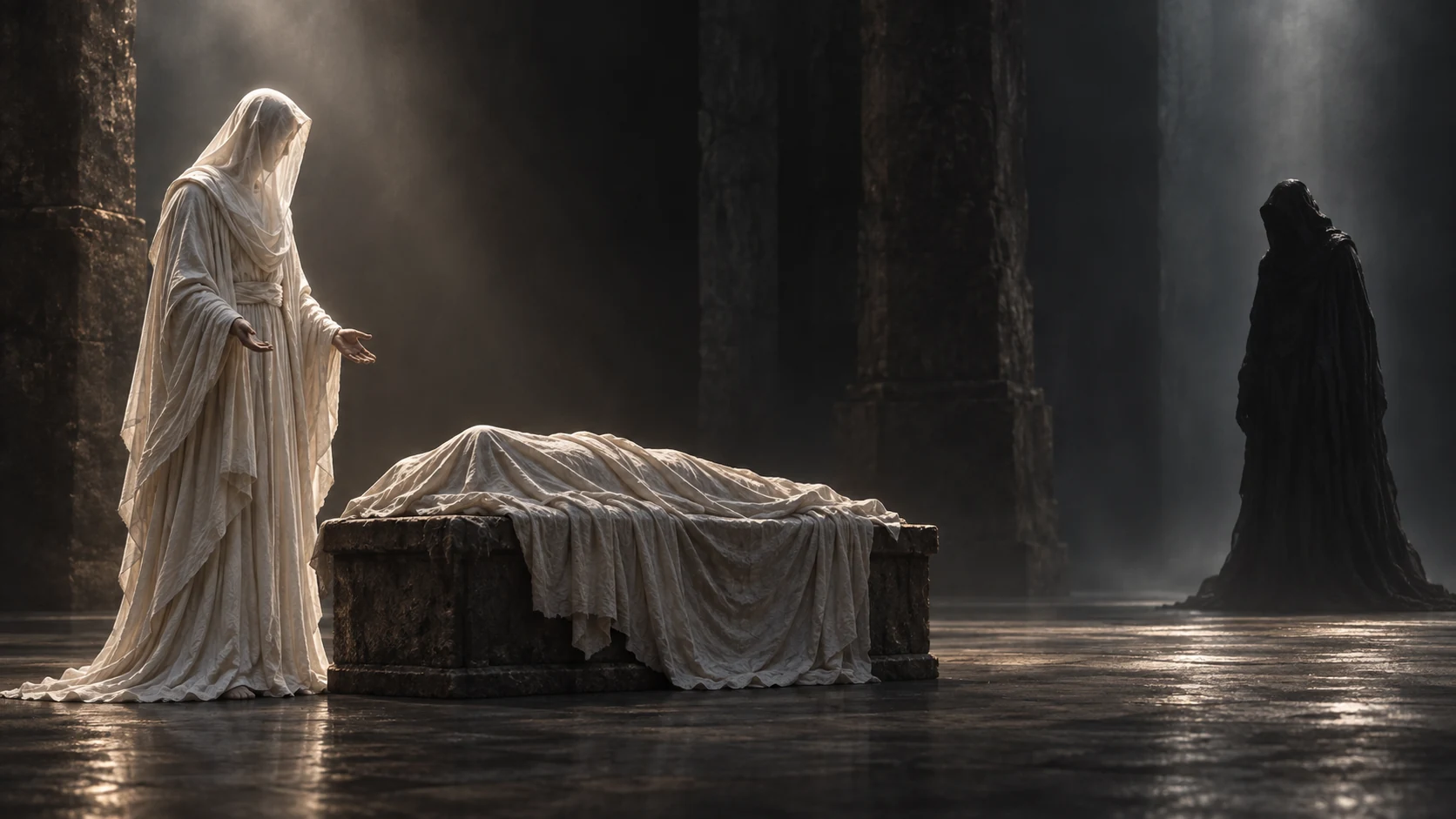 Michael faces a dark disputant in a restrained symbolic scene.