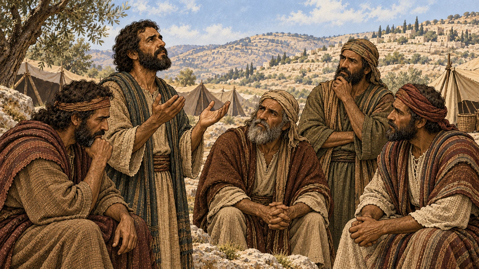 Israelite elders seek guidance in a hill-country camp.