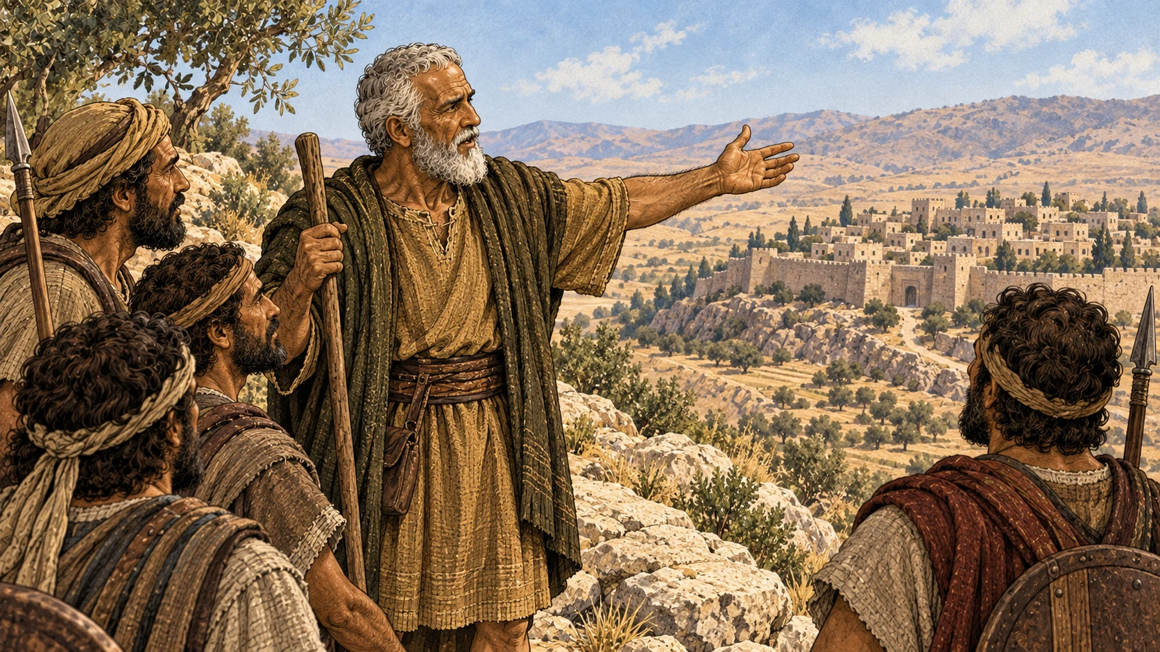 Caleb speaks to the men before Debir.