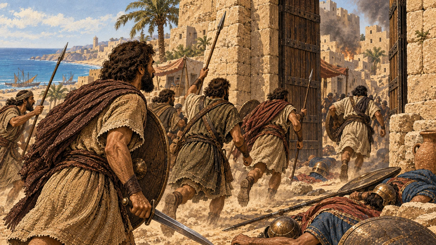 A coastal settlement accompanies the named conquests.