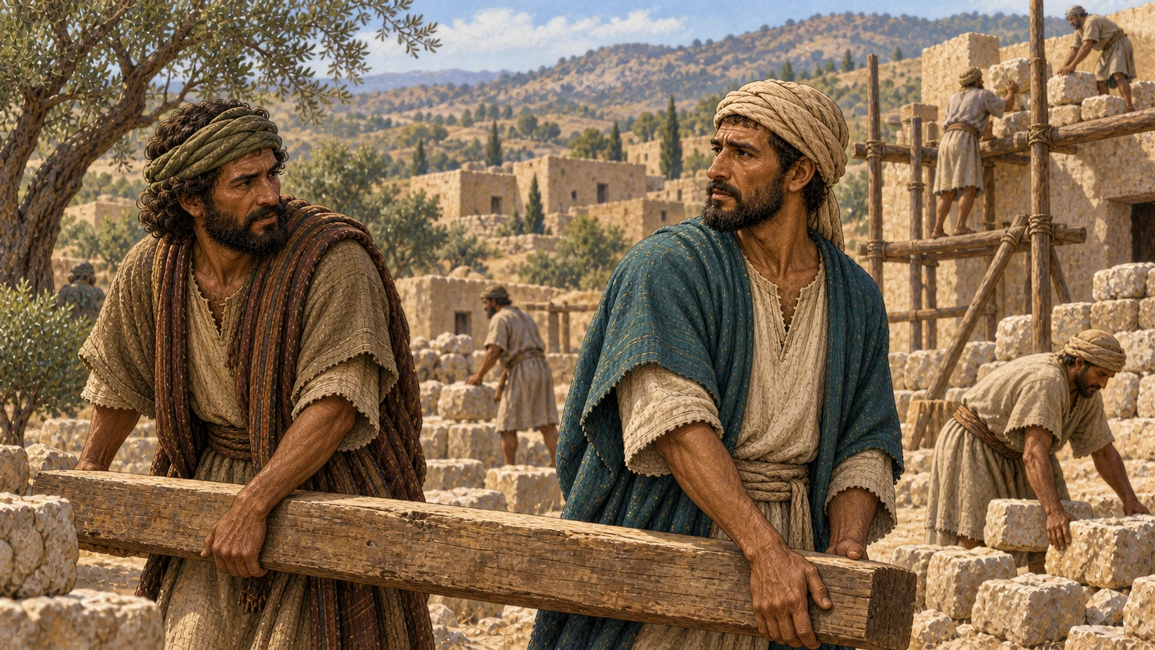 The man from Bethel carries a beam at the new settlement of Luz.