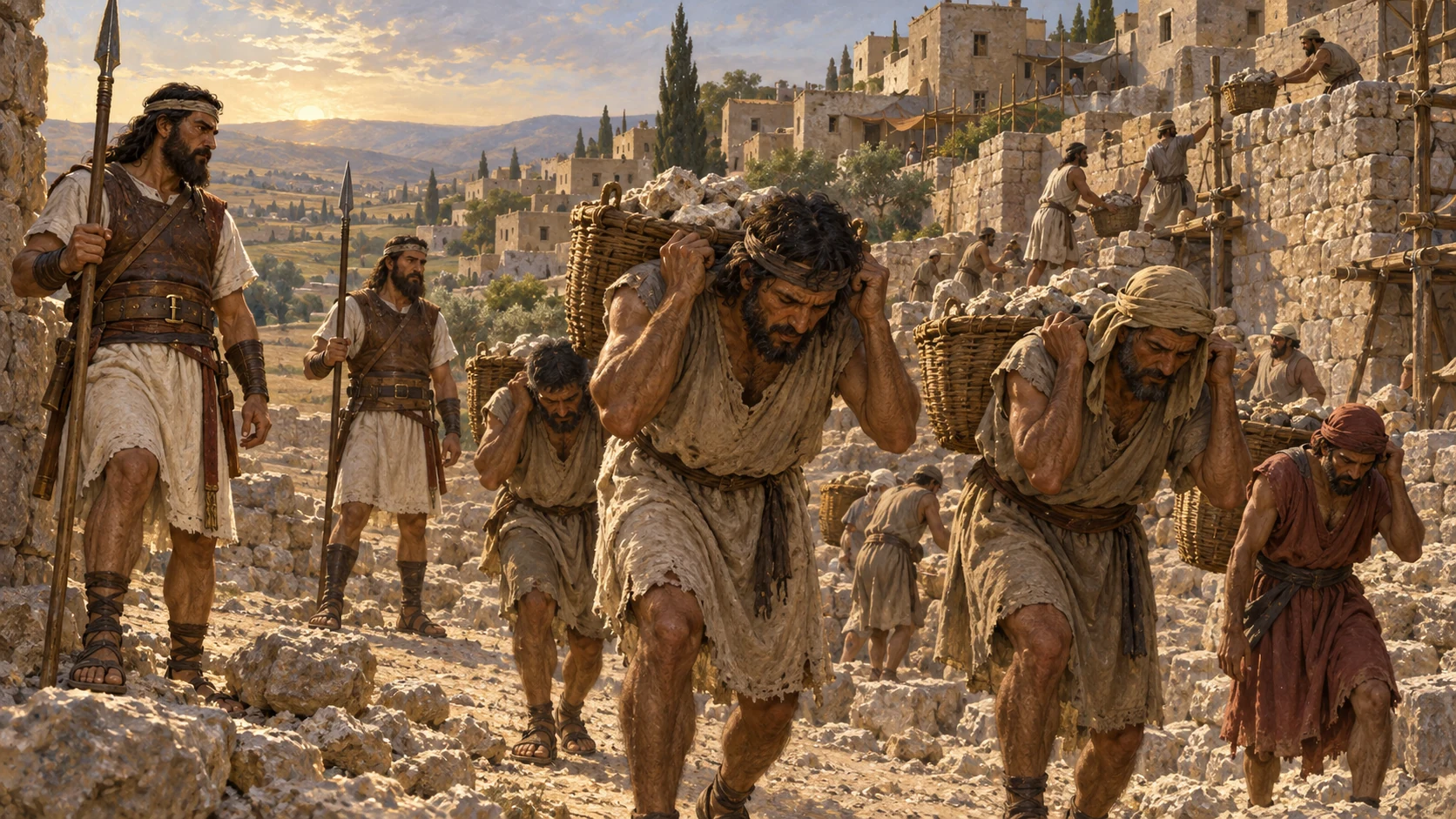 Laborers carry stones under armed supervision.