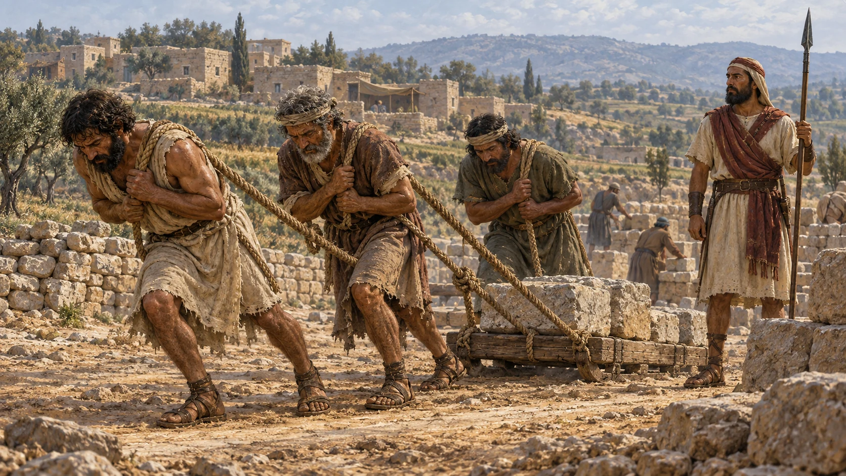 Laborers pull a stone-laden sledge under supervision.