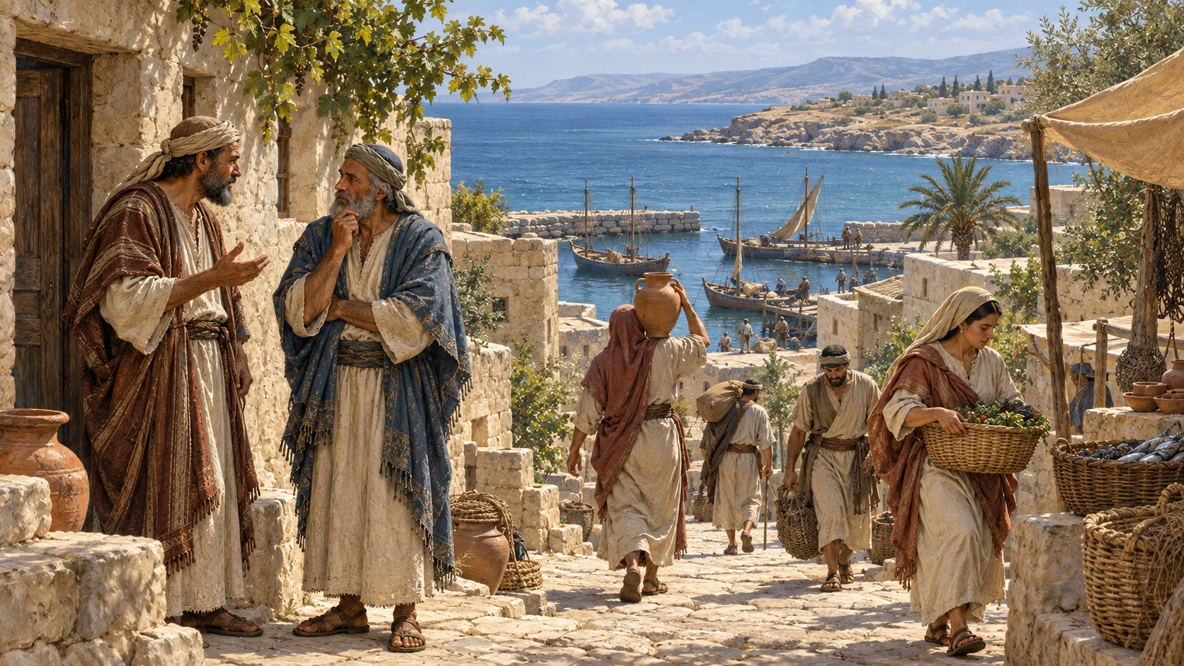 Residents walk through a coastal settlement.