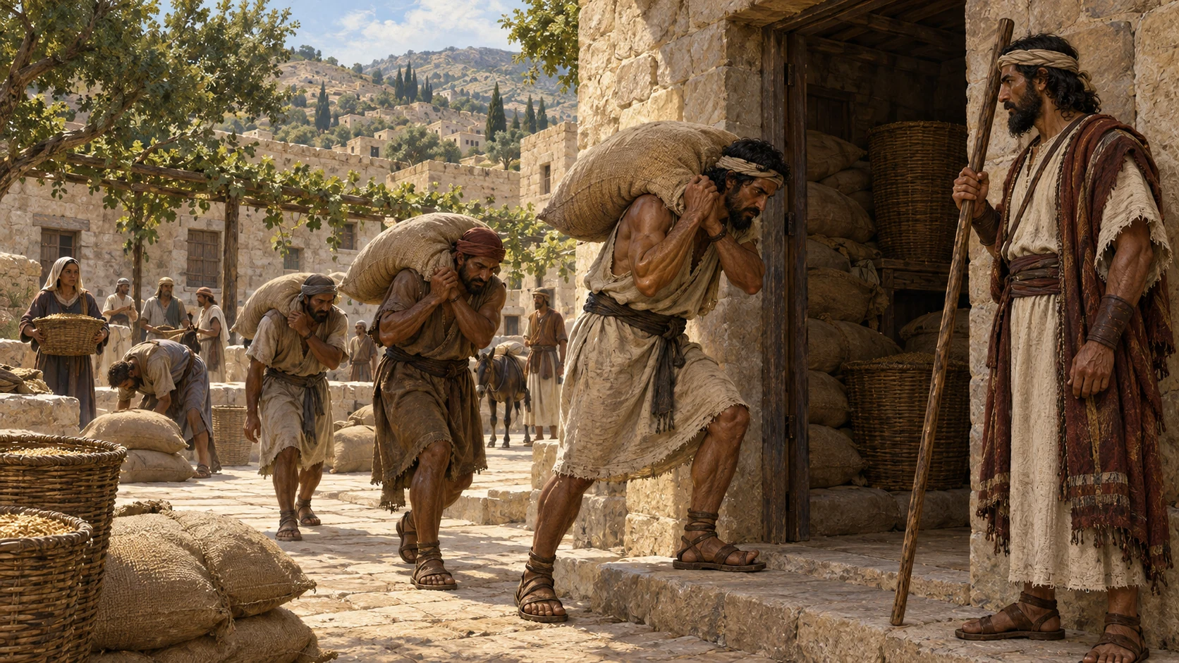 Laborers carry sacks into a storehouse under supervision.