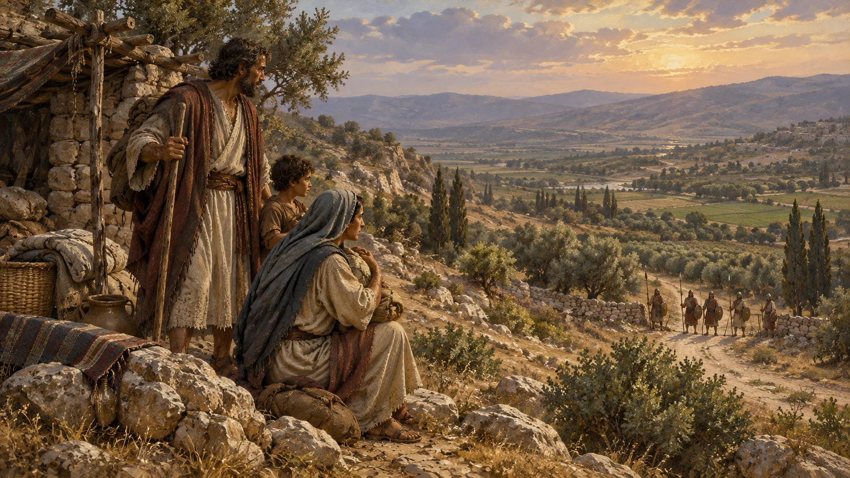 A household waits in the hills above a guarded valley path.