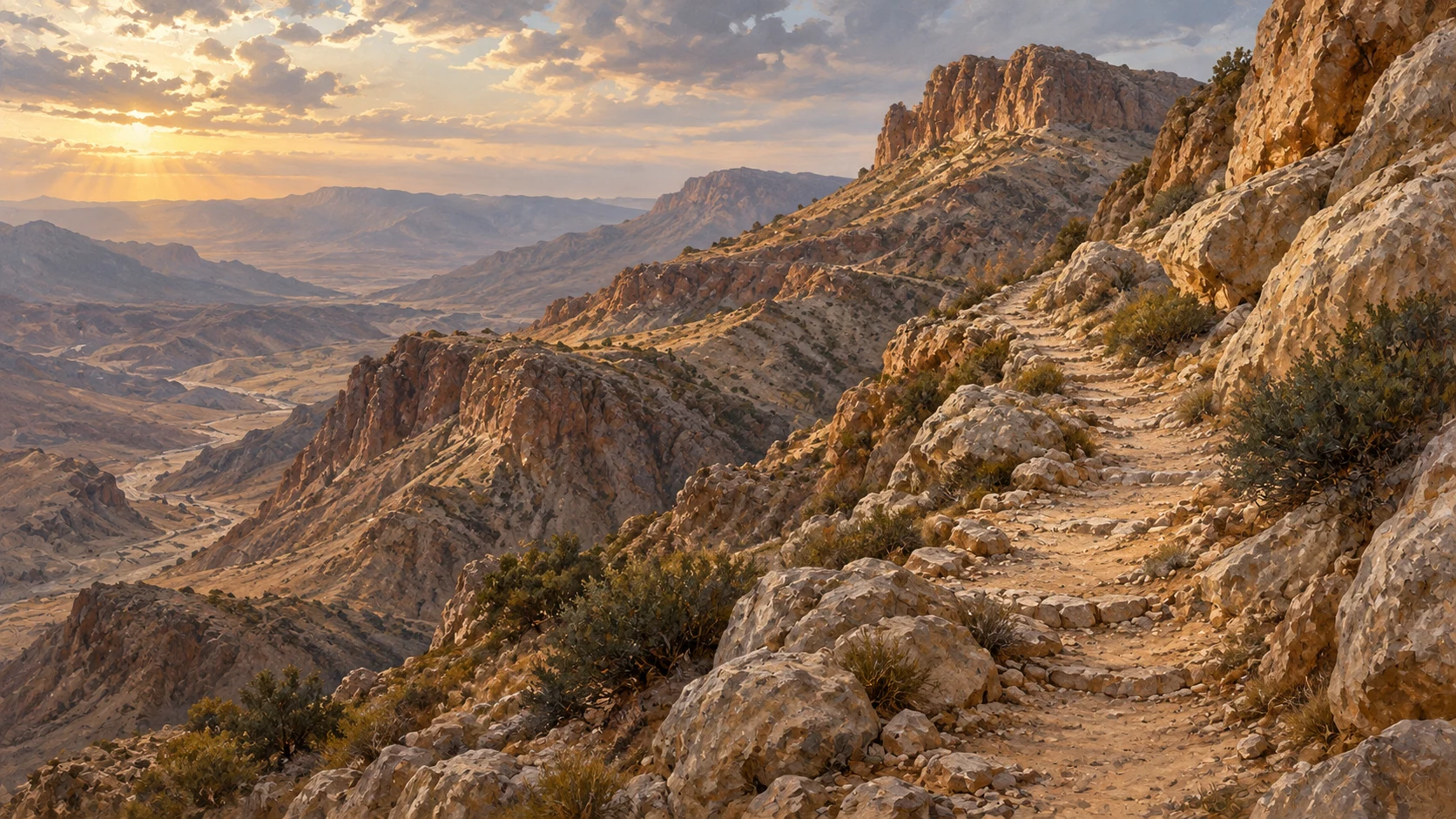 A rocky path climbs the desert escarpment.