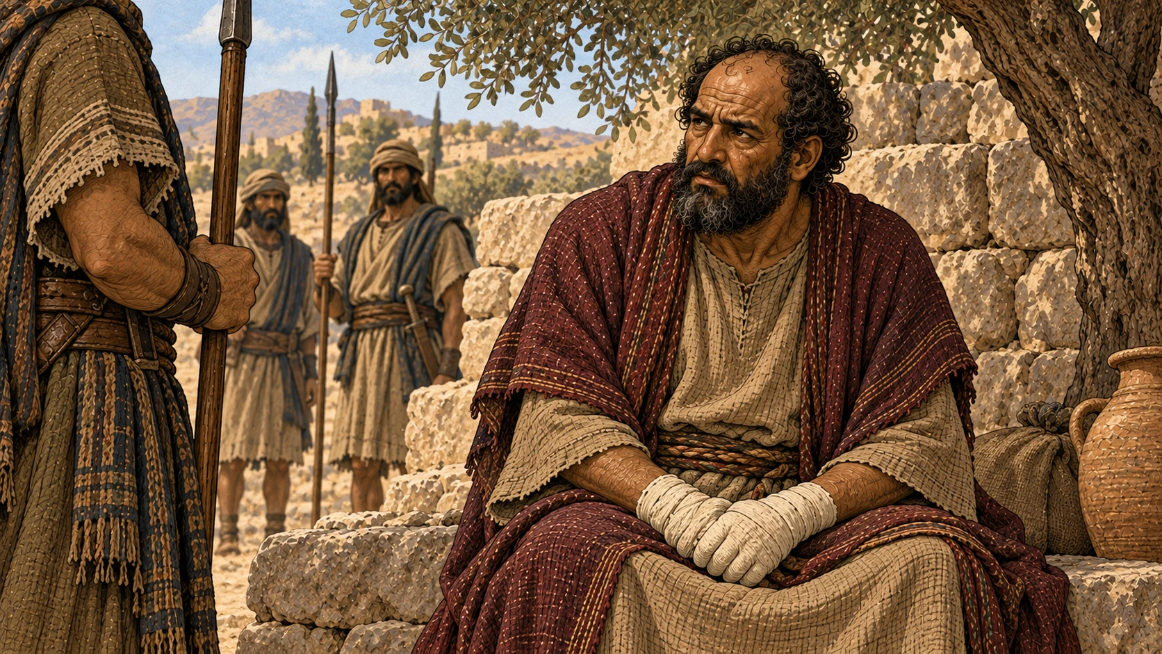 Adoni-bezek speaks to a guard after his capture.