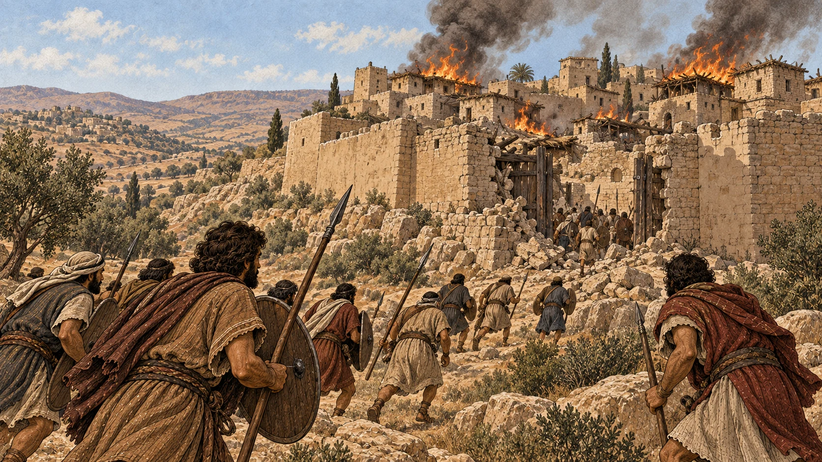 Smoke and fire rise from ancient Jerusalem.