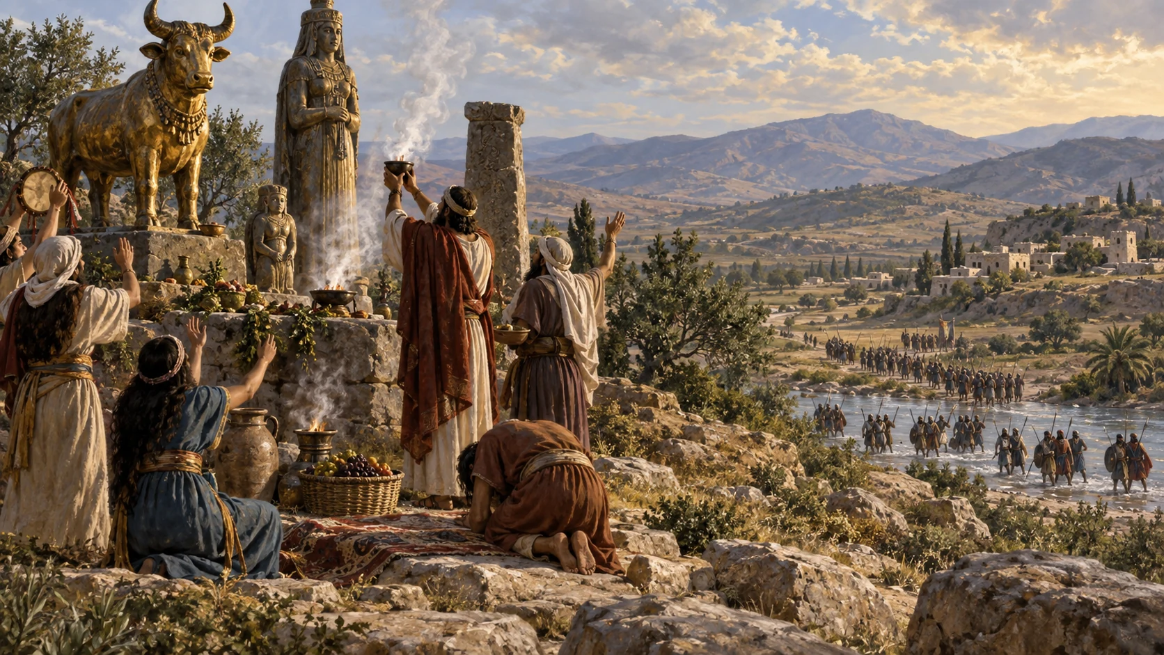 Israelites serve foreign gods as Ammonite pressure gathers beyond the Jordan.
