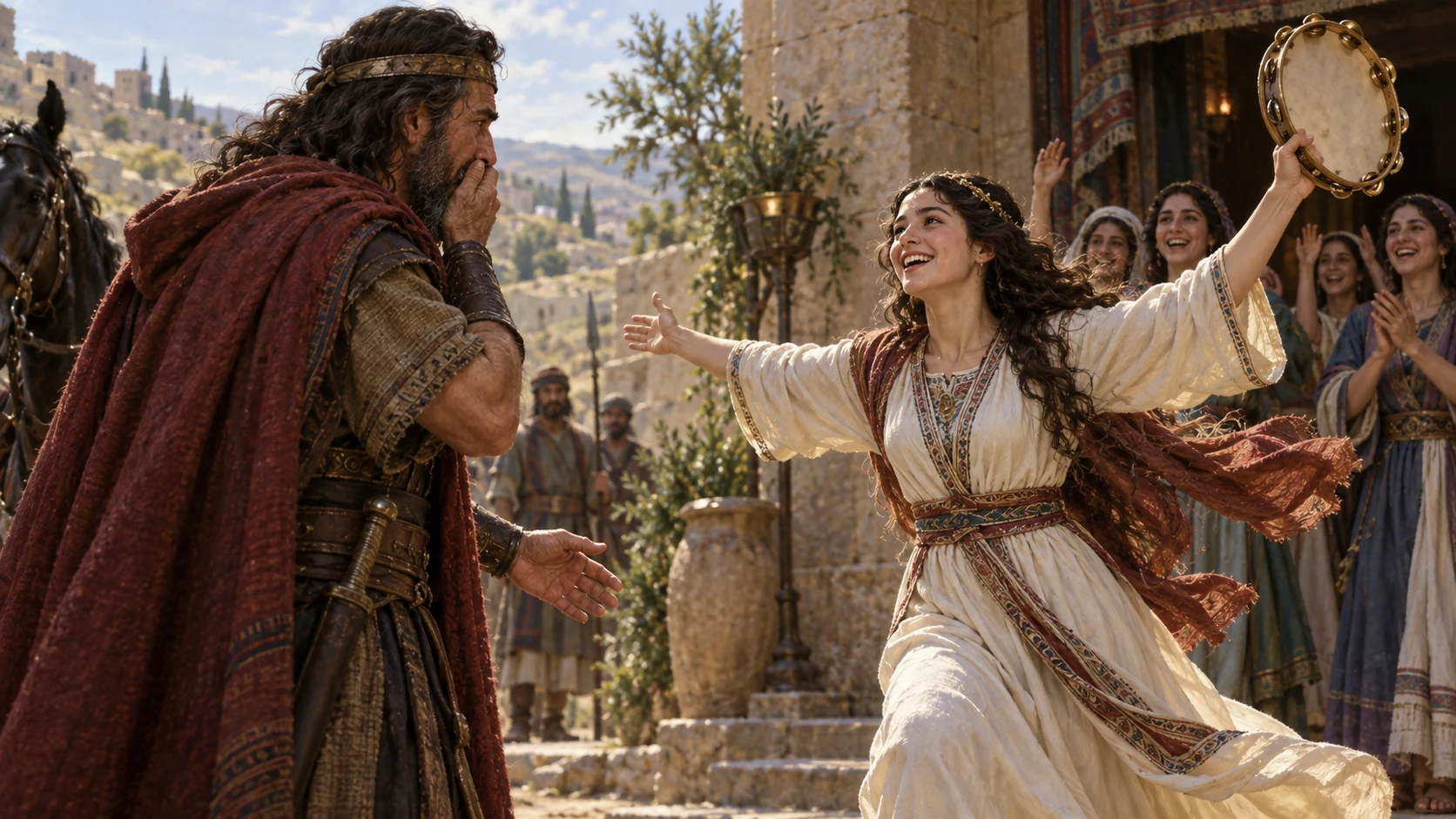 Jephthah’s only daughter greets him with tambourines and dance.