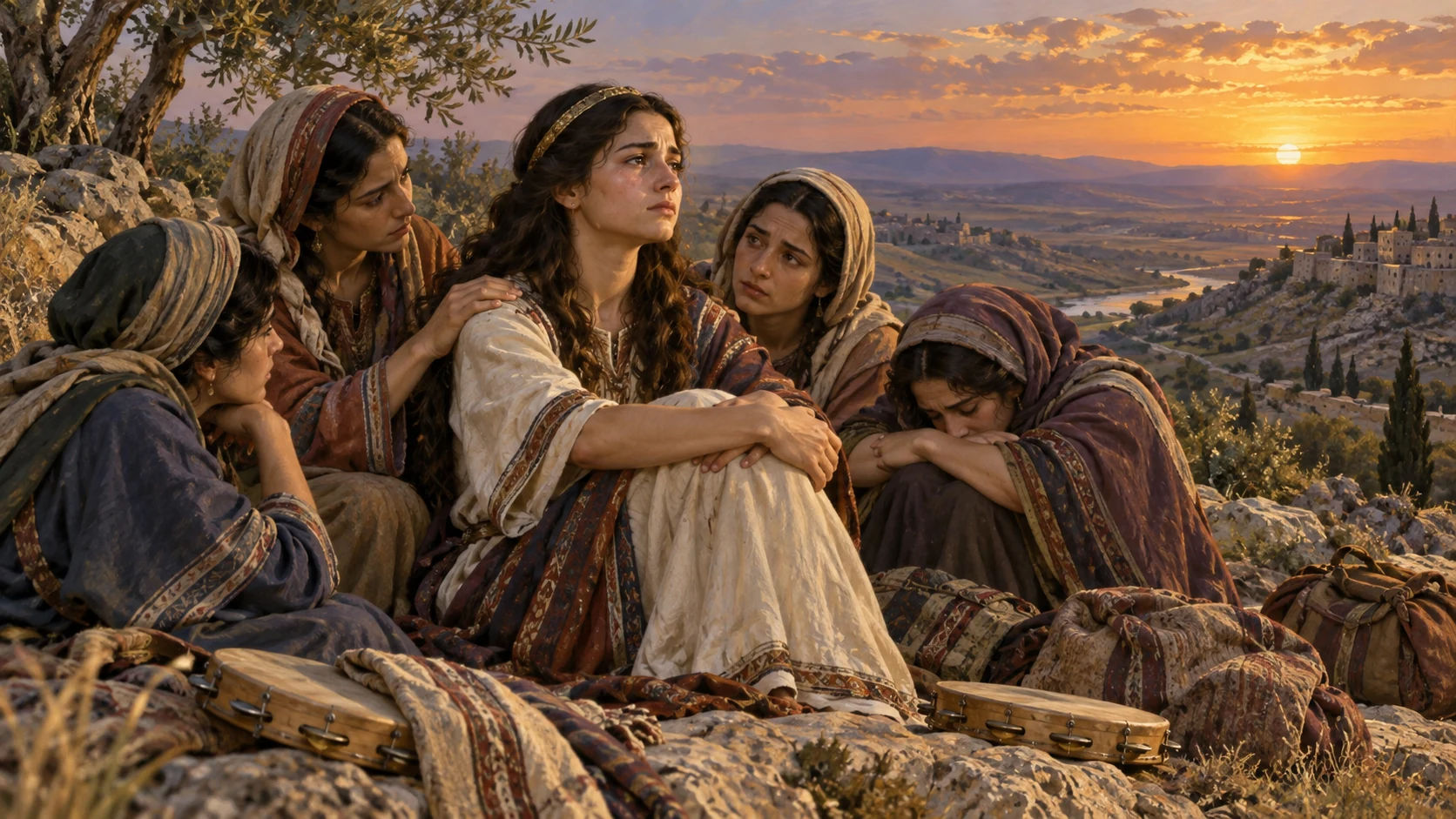 Jephthah’s daughter and her companions mourn together in the hills.