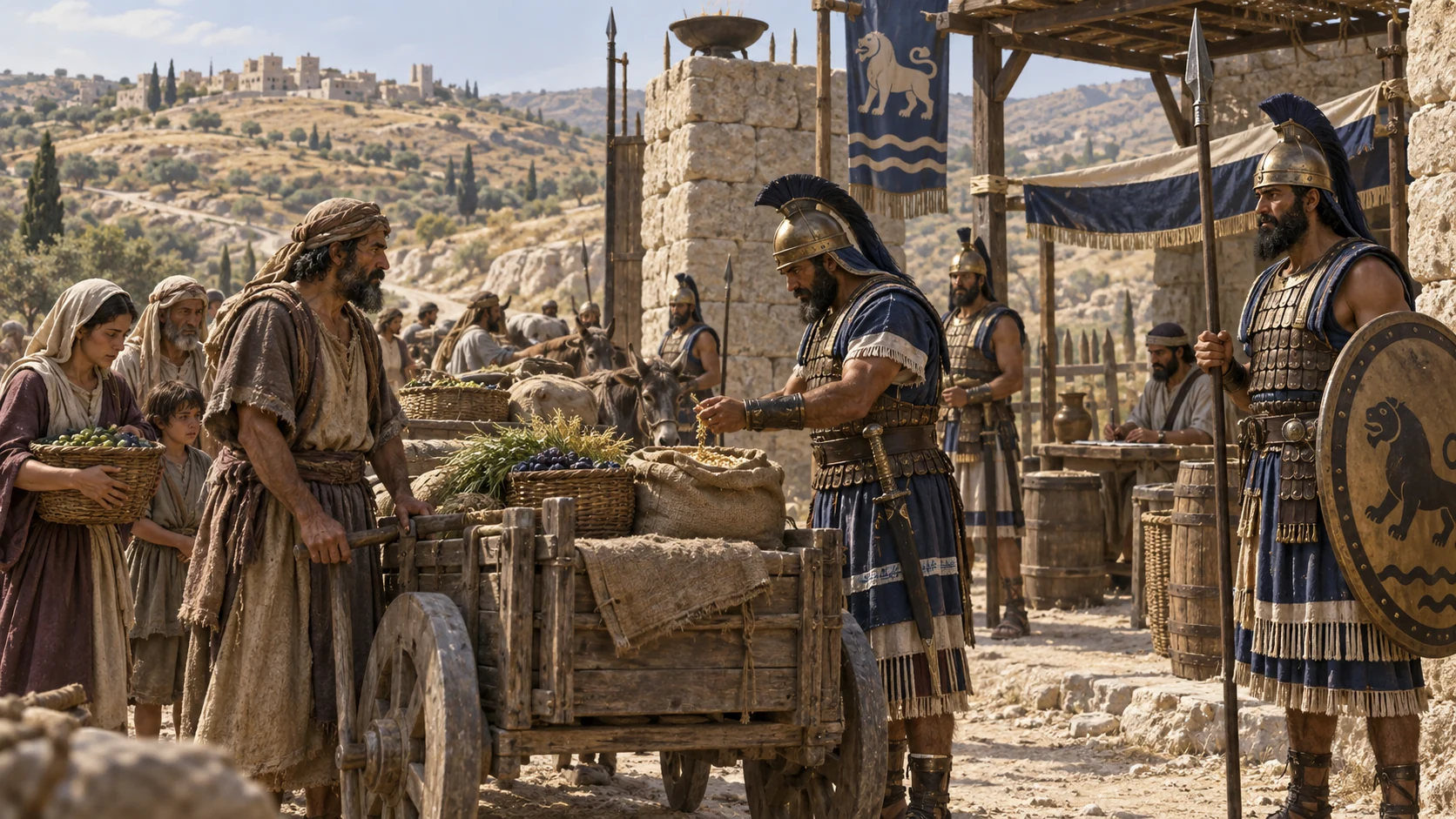 Philistine soldiers oversee an Israelite village checkpoint while families pass quietly.