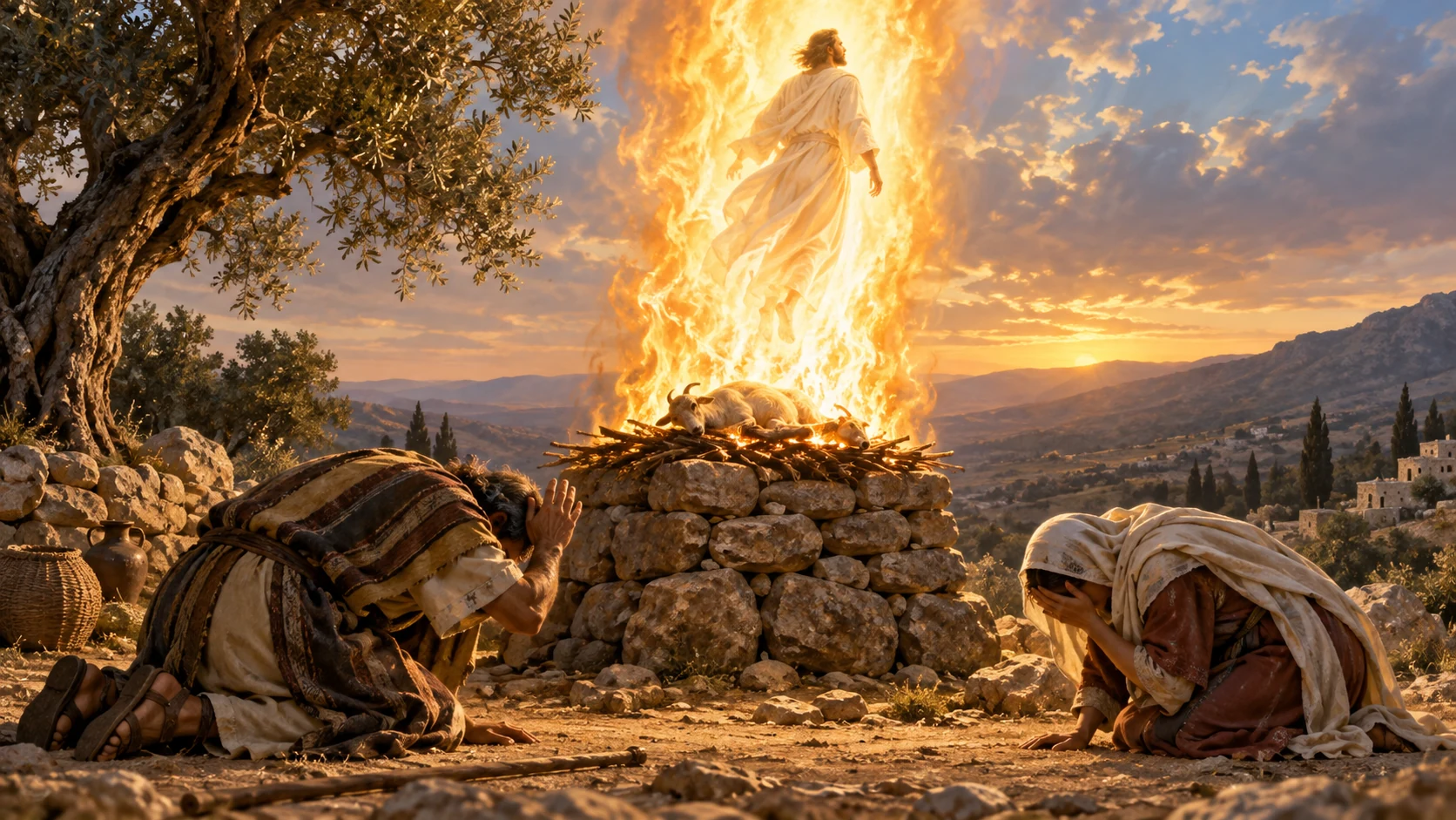 Manoah and his wife kneel in awe as the messenger rises within the altar flame.