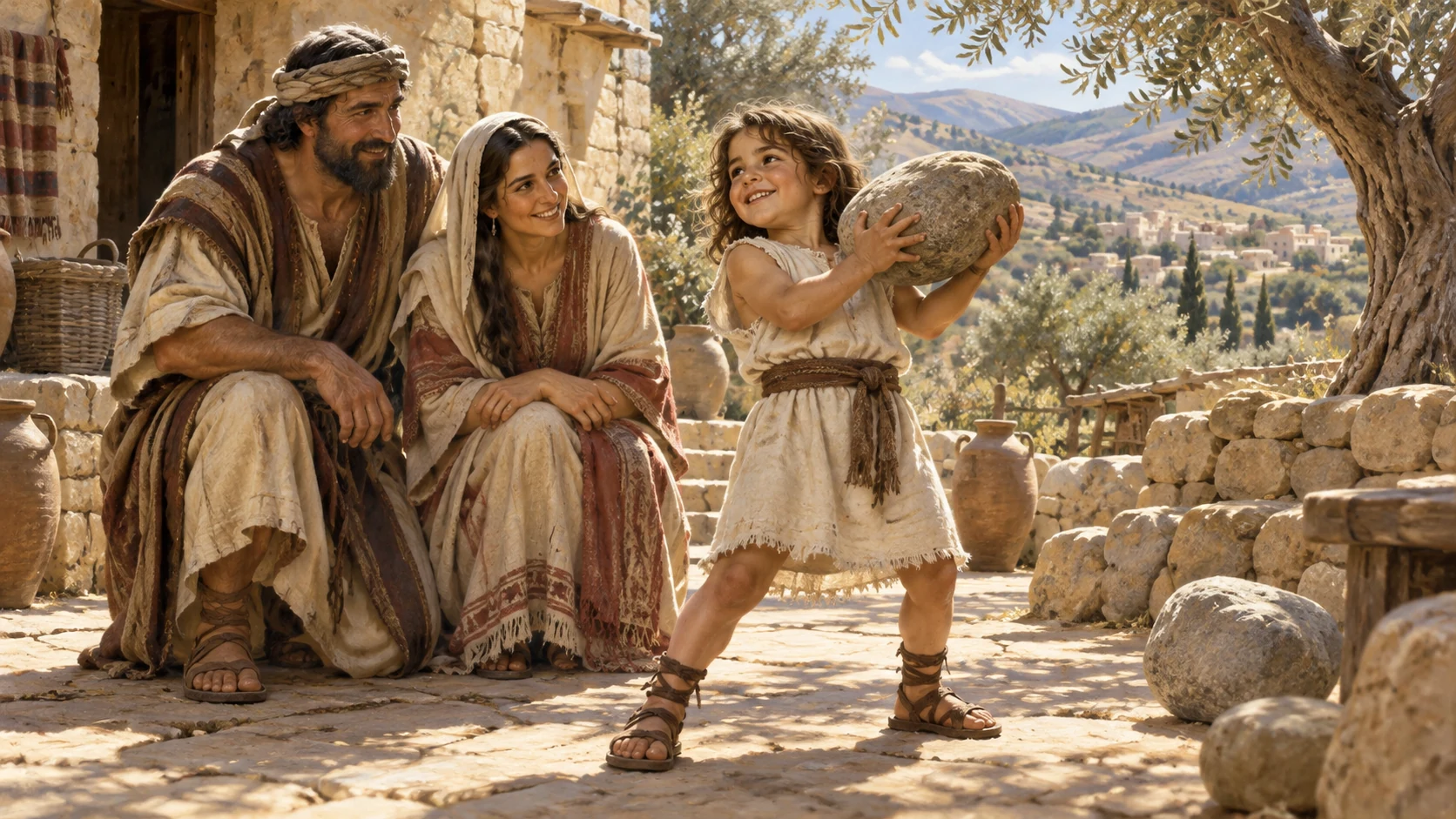 Young Samson walks with his parents in the hills as the Spirit begins to stir him.