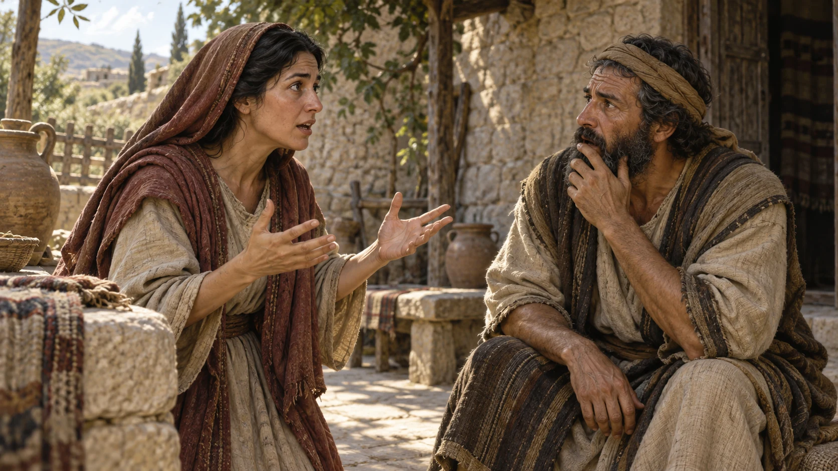 Manoah’s wife recounts the astonishing promise to her husband at their home.