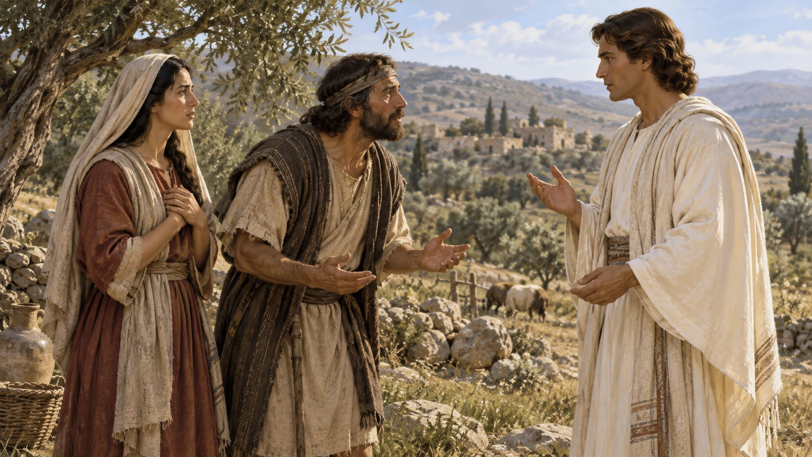 Manoah and his wife listen as the messenger repeats the instructions for the promised child.