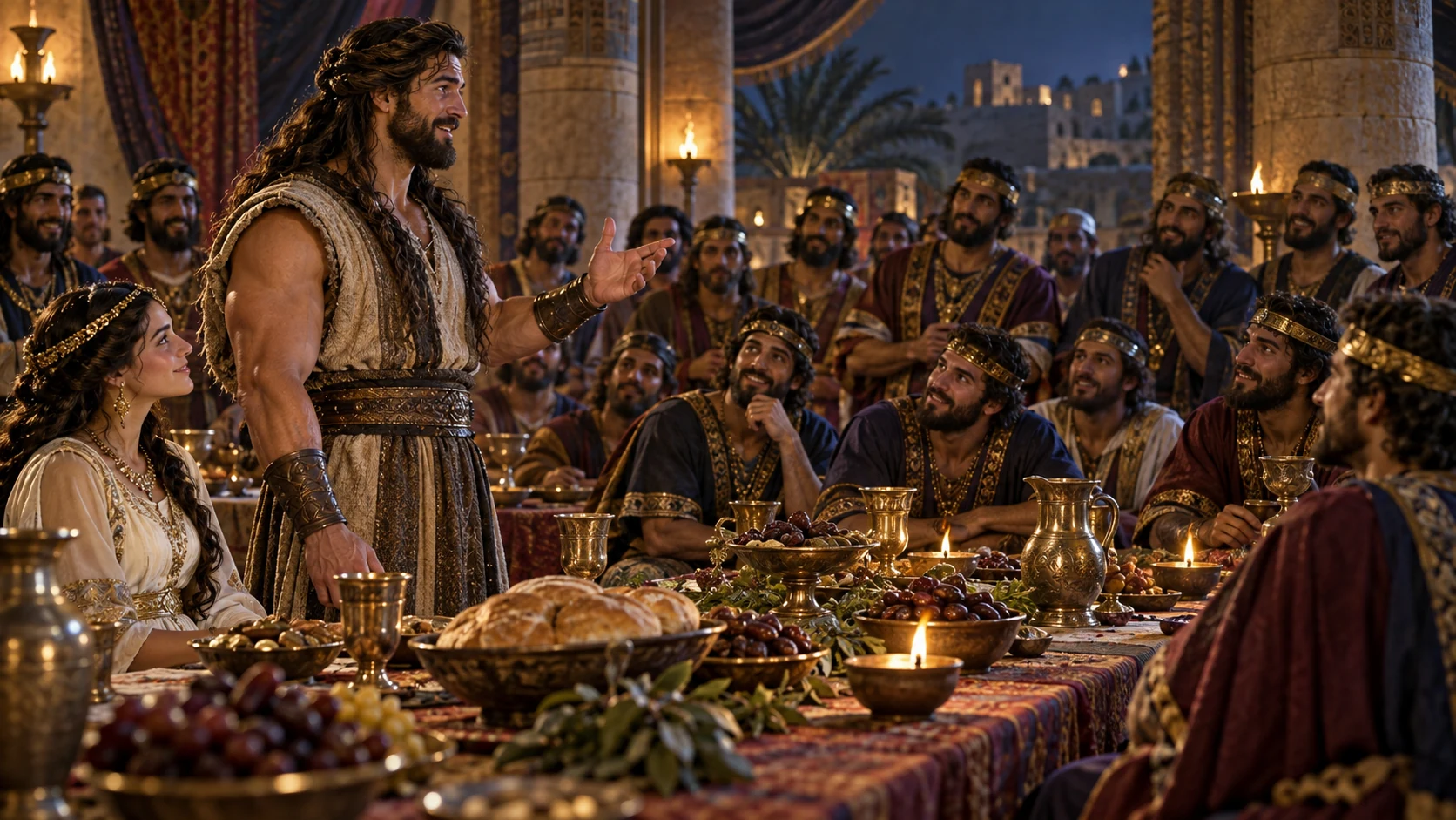 Samson poses his riddle to thirty companions at the wedding feast.